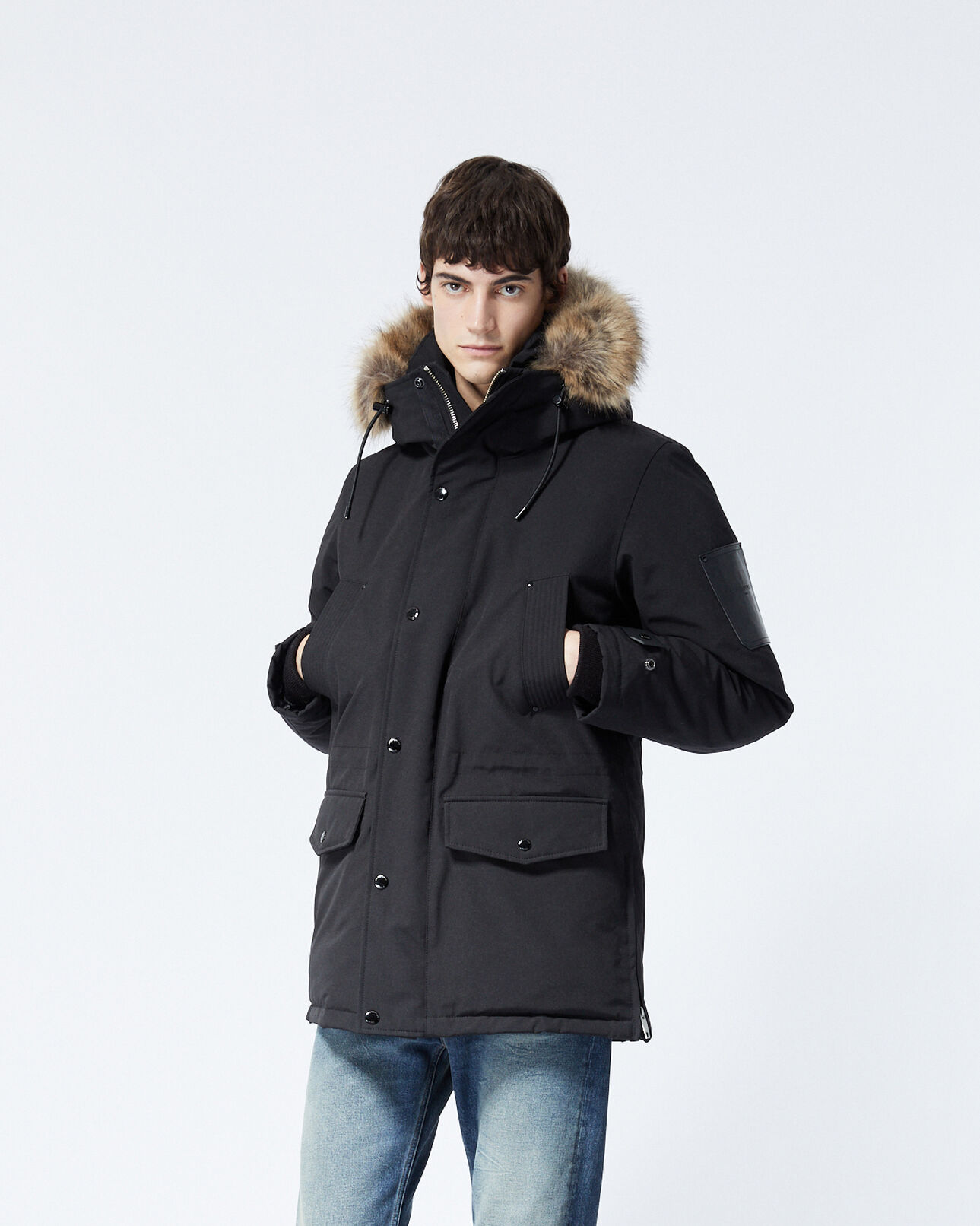 The Kooples HOMBRE BLACK parka negra larga detalle piel