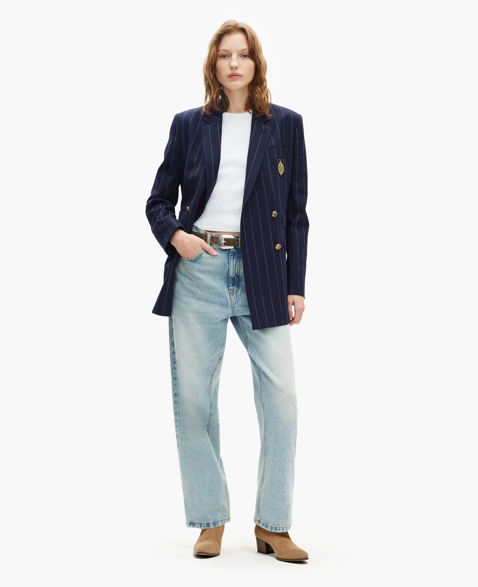 The Kooples FEMME NAVY veste tailleur à rayures tennis en laine mélangée bleu marine