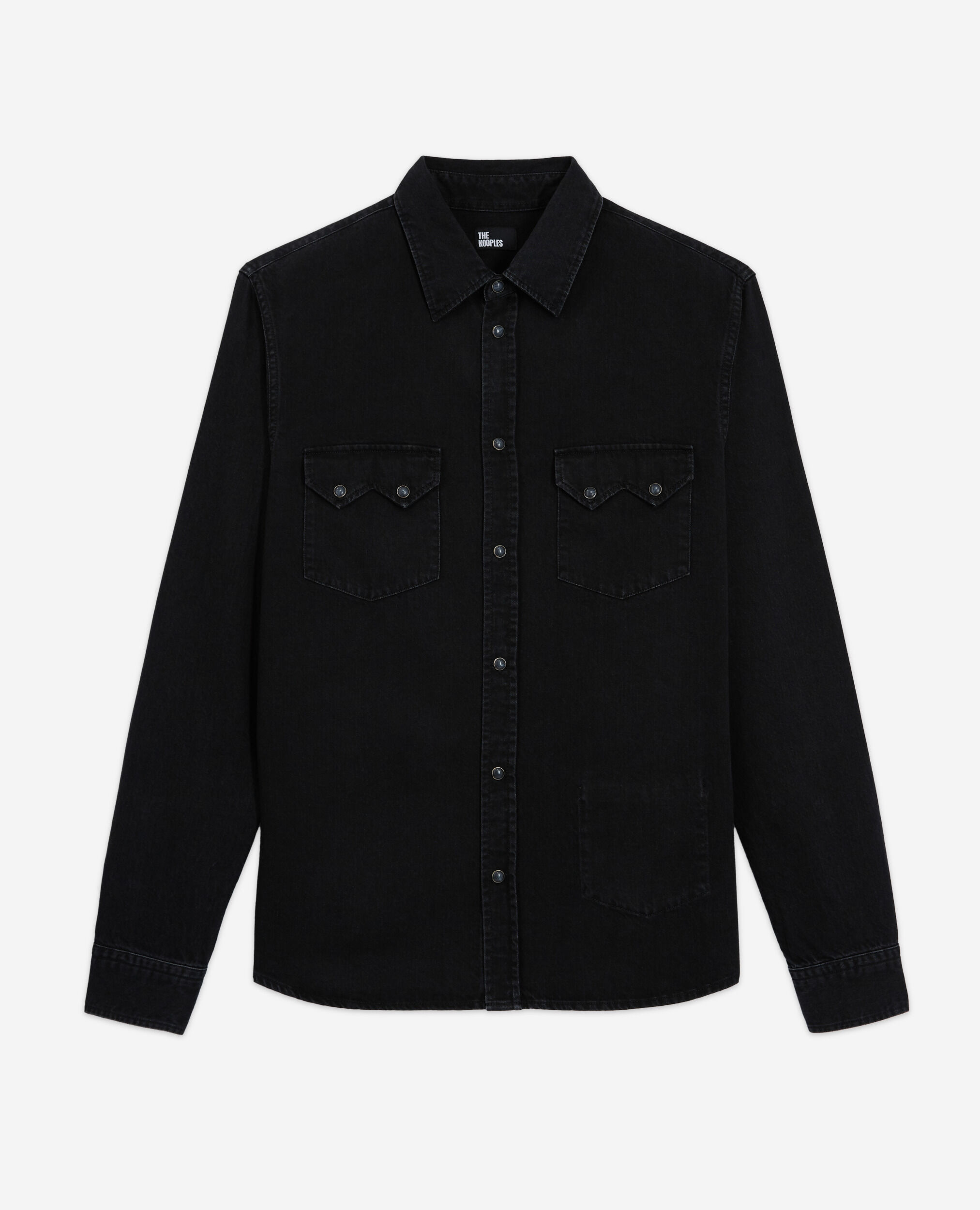 Black classic collar denim shirt, BLACK WASHED, hi-res image number null