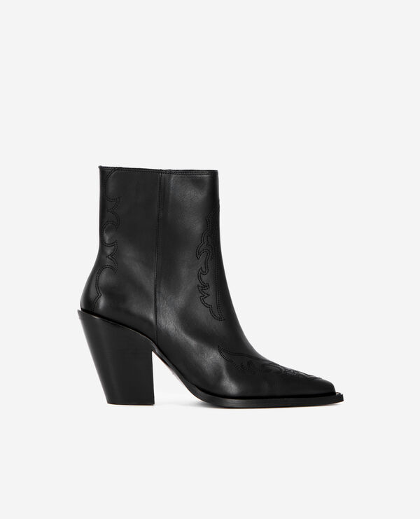 bottines à talons en cuir noir avec broderies