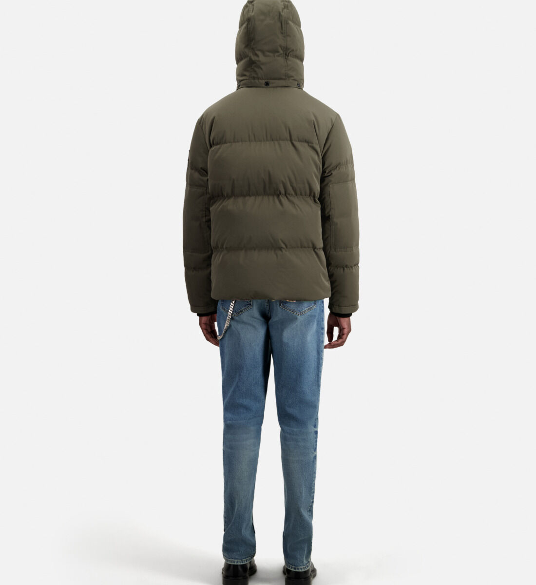 Khaki hooded puffer jacket sales