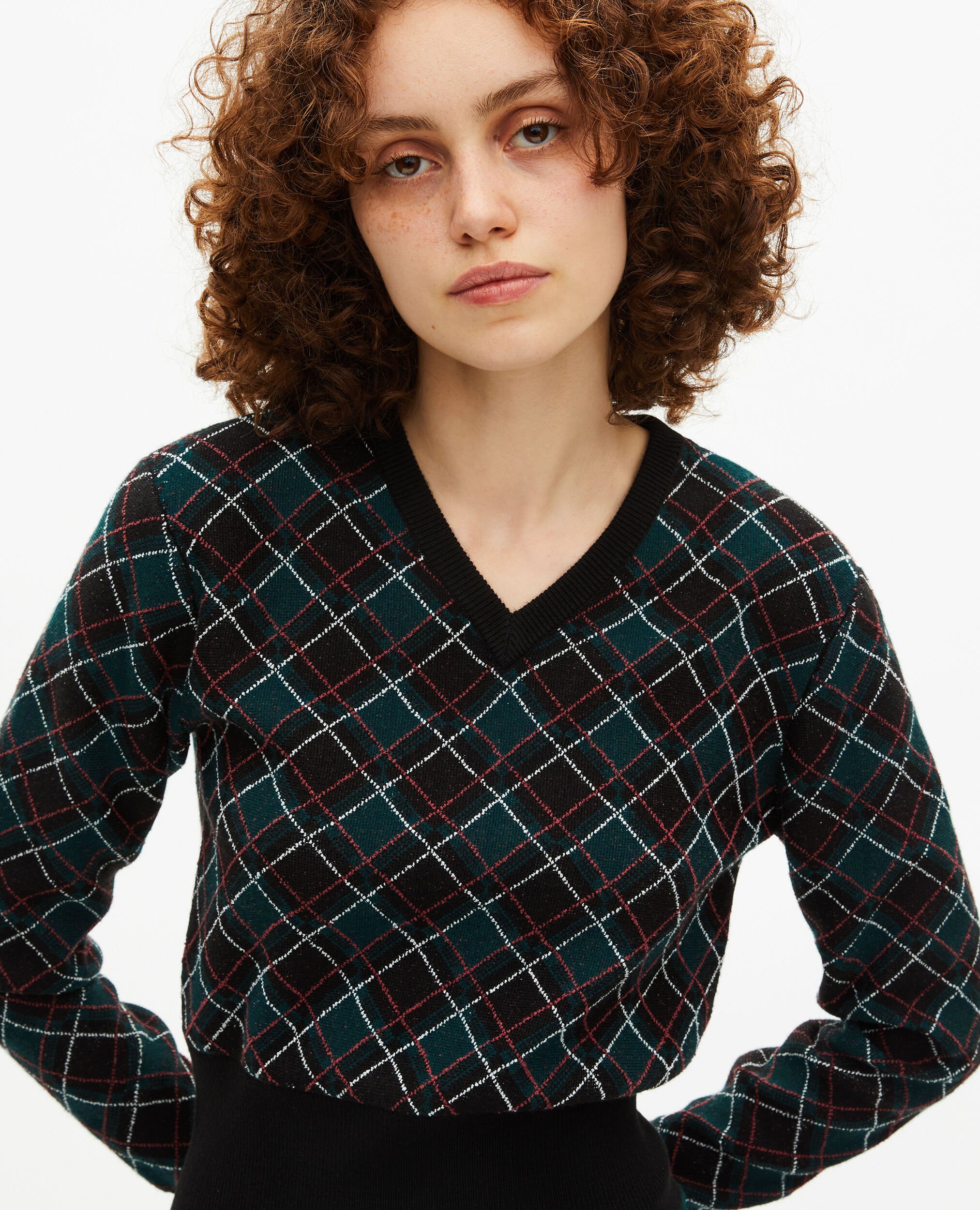 Black plaid sweater, BLACK DARK GREEN, hi-res image number null
