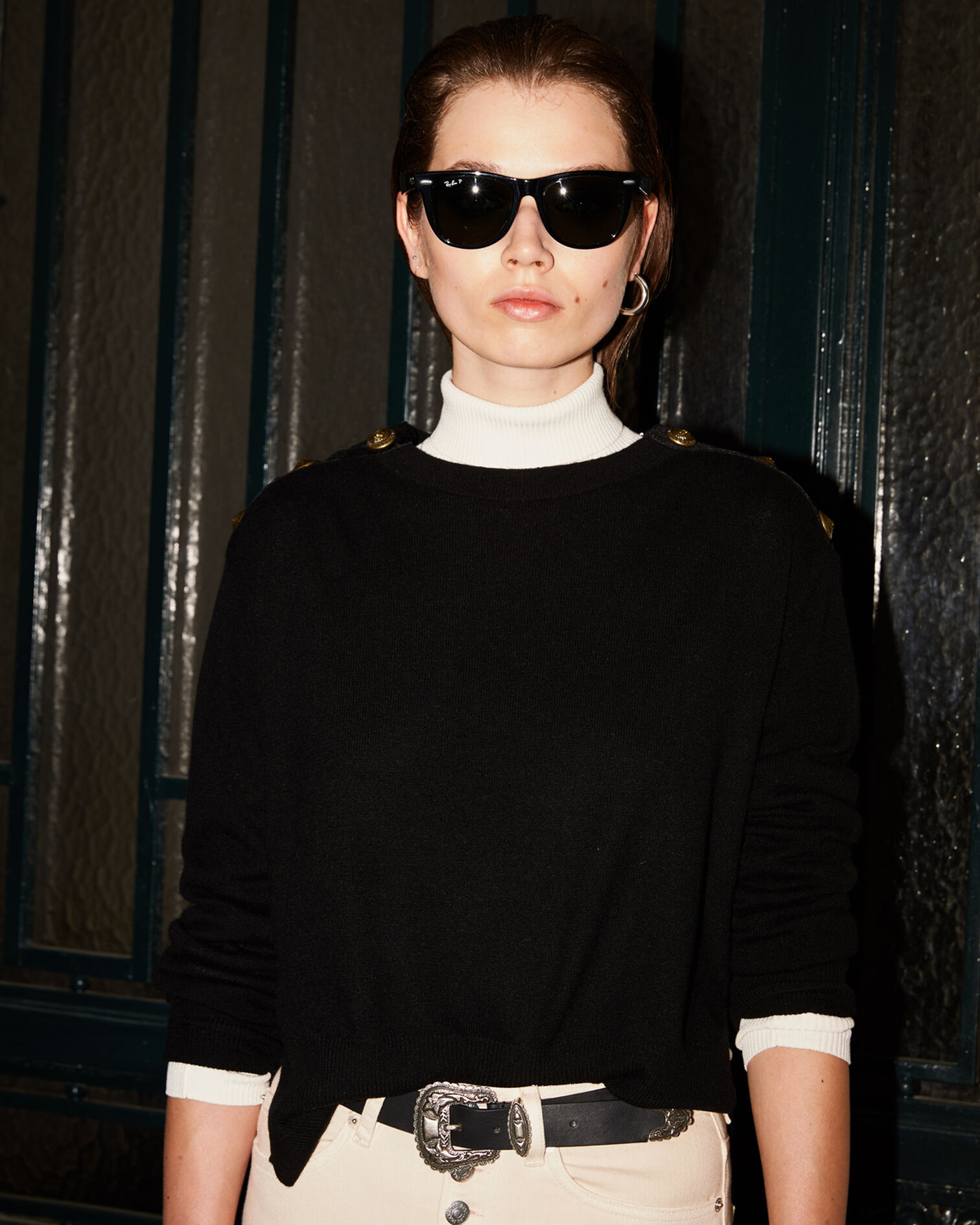 Black wool crew-neck sweater with pins, BLACK, hi-res image number null