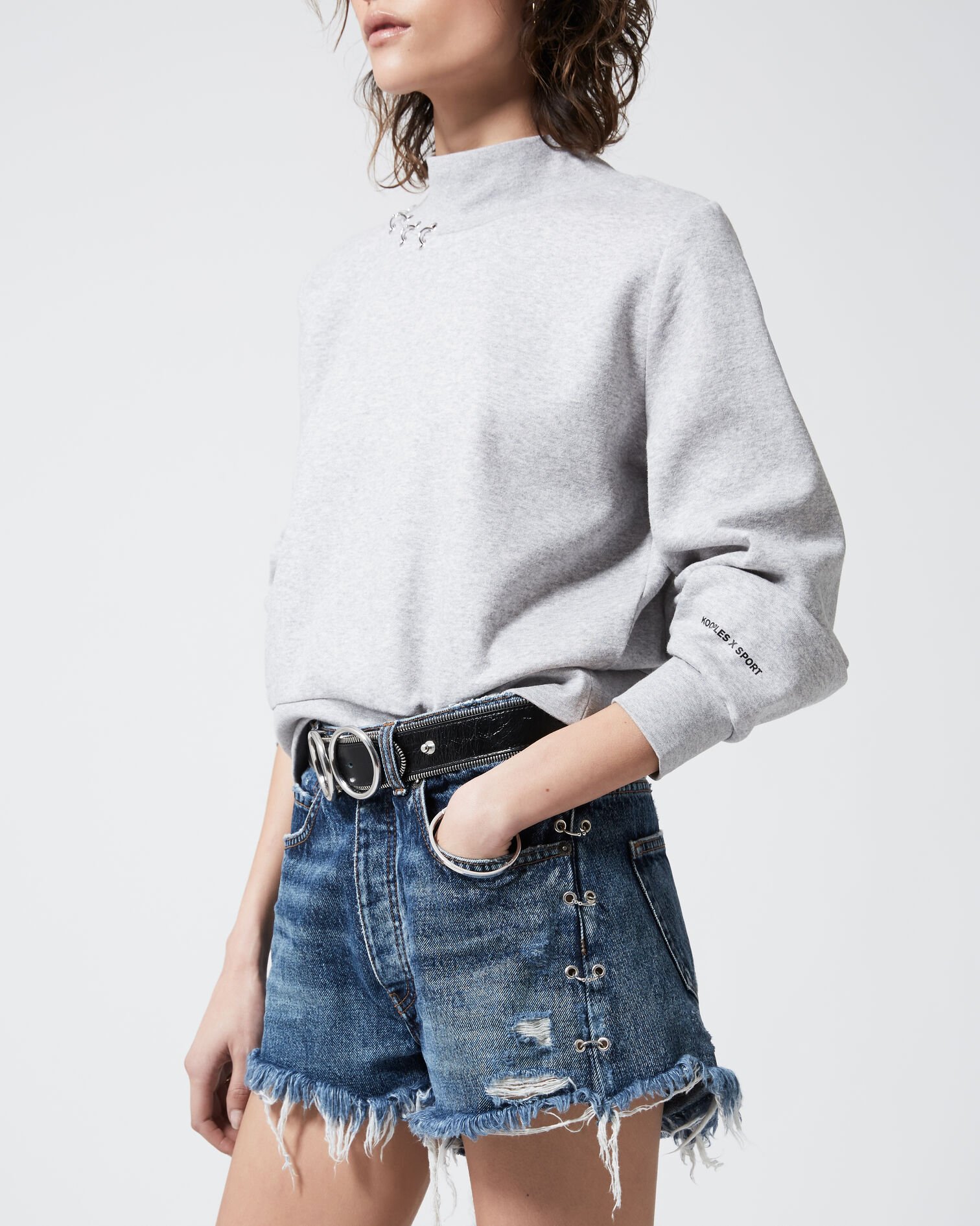 High-neck heather grey sweatshirt w/piercing, LIGHT GREY, hi-res image number null