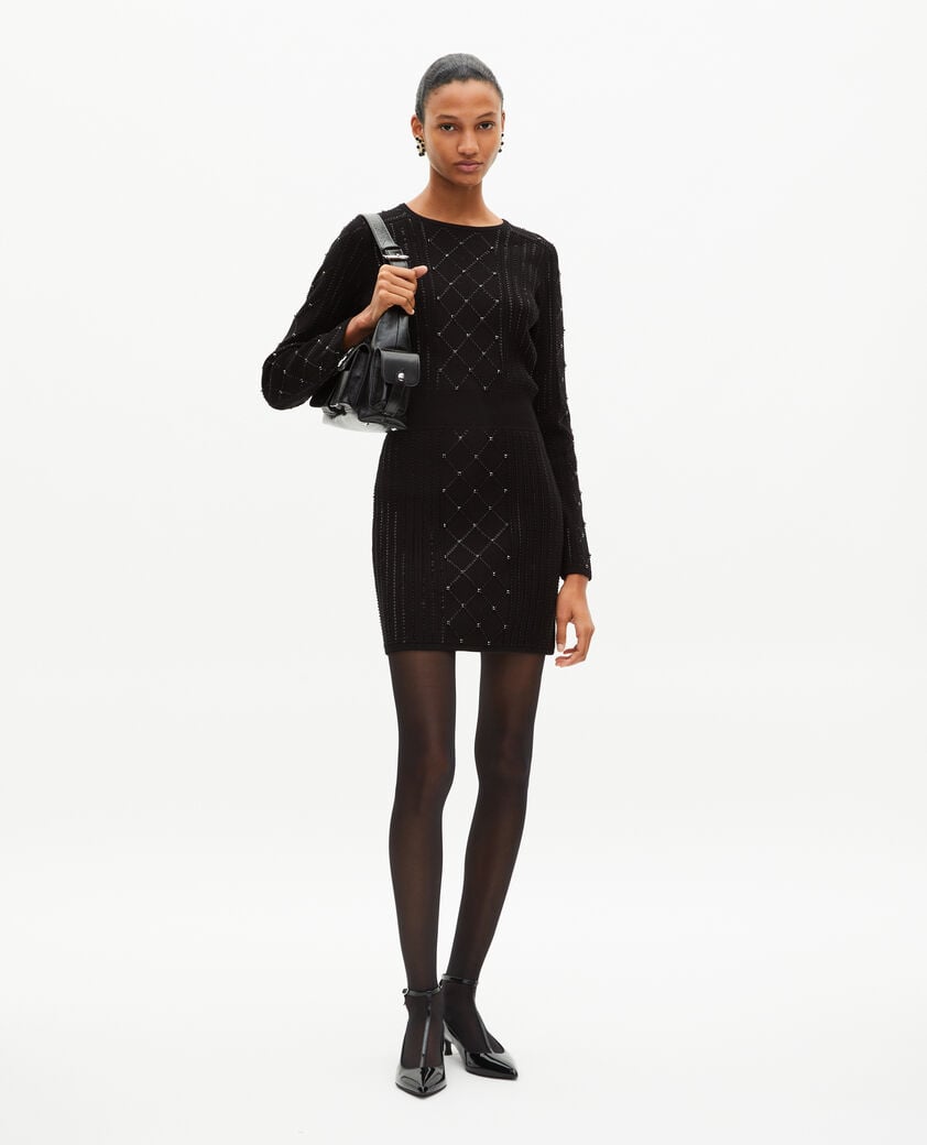 The Kooples WOMEN BLACK short knitted dress with rhinestones and pearls, black
