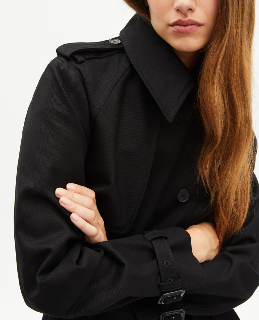 The Kooples DAMEN BLACK langer trenchcoat aus schwarzer baumwolle