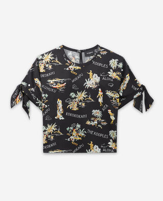 The Kooples F BLACK flowing black printed top with knotted details