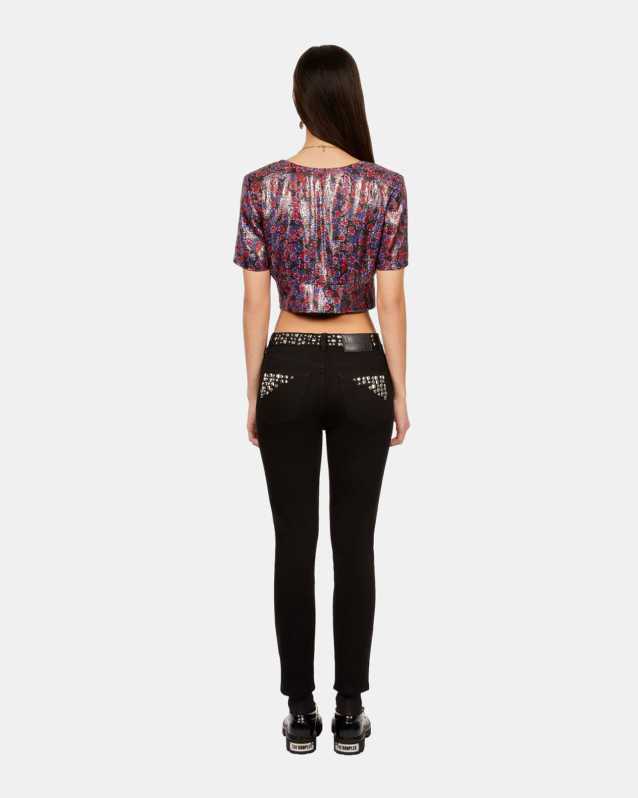 The Kooples WOMEN BLUE RED floral metallic cropped top