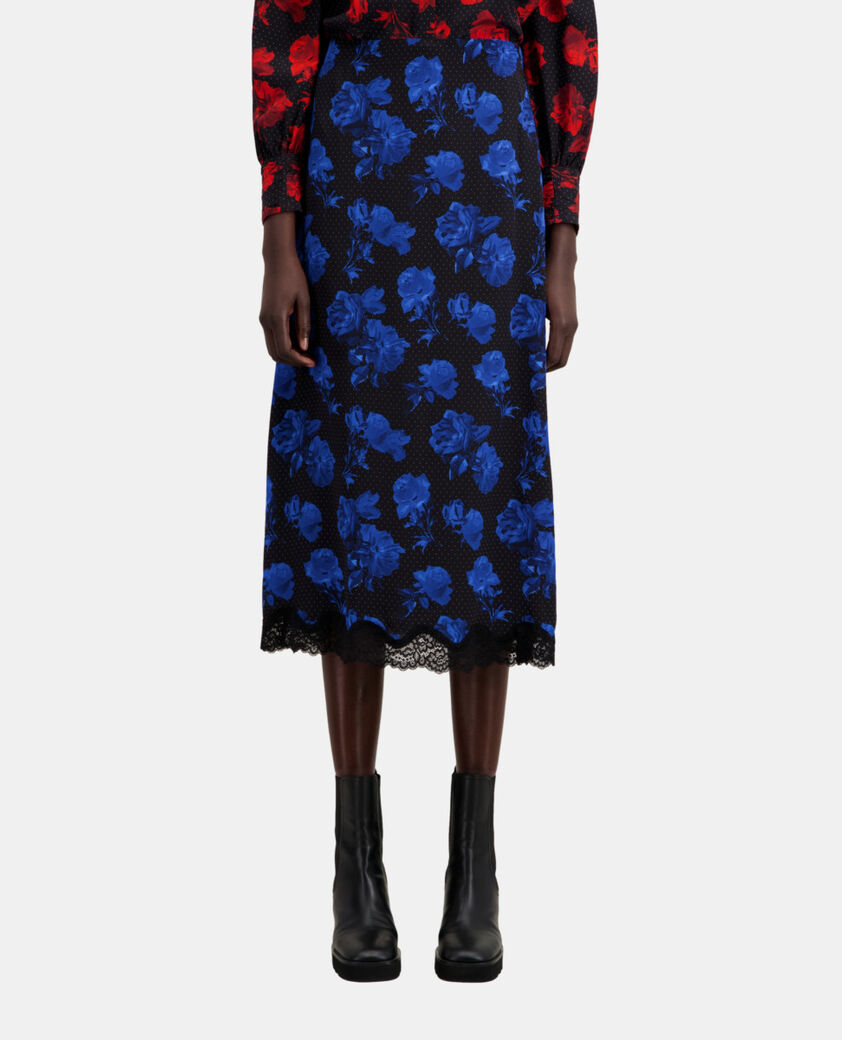 The Kooples WOMEN BLACK BLUE long printed silk skirt with lace details