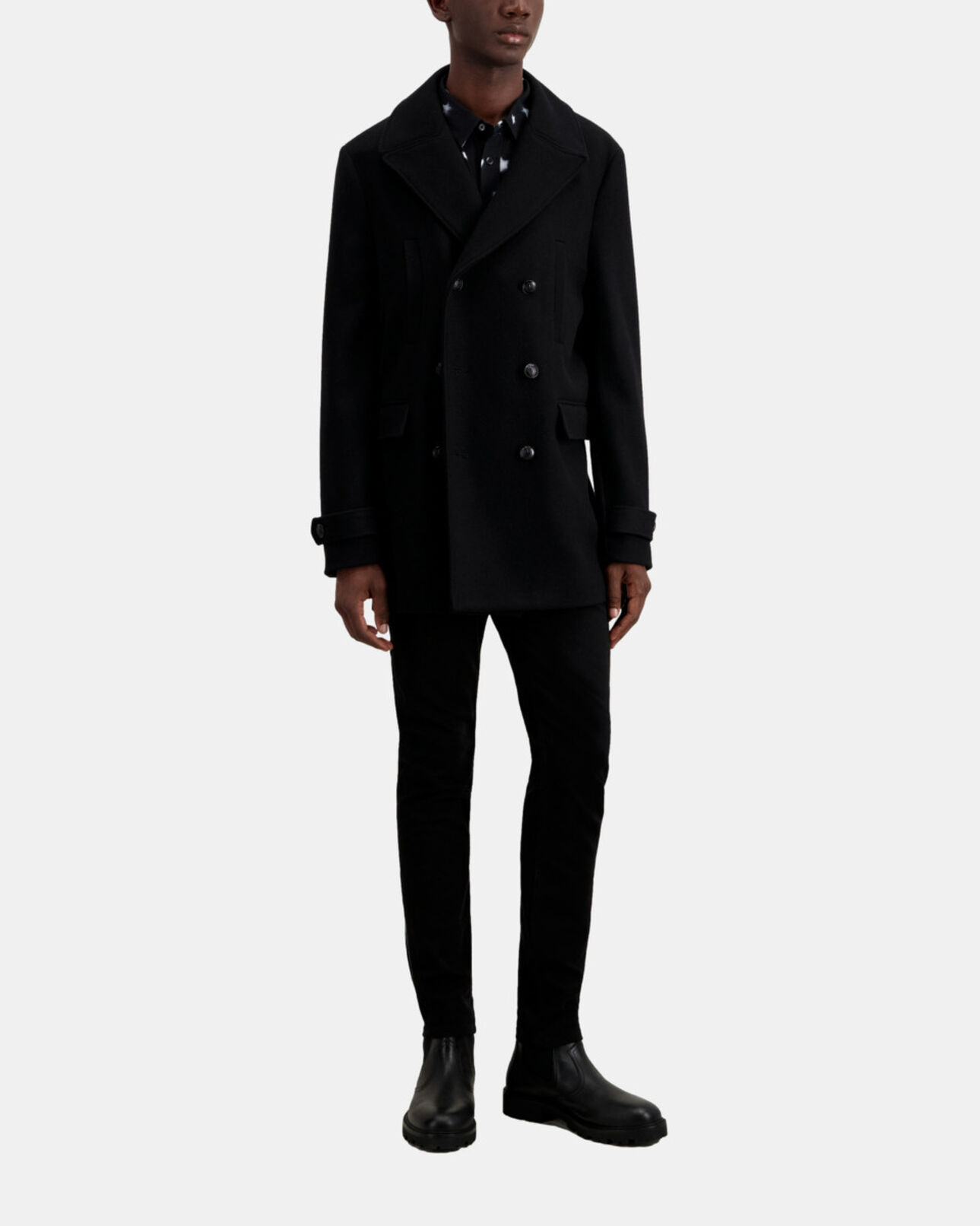 The Kooples MEN BLACK wool-blend mid-length black pea coat
