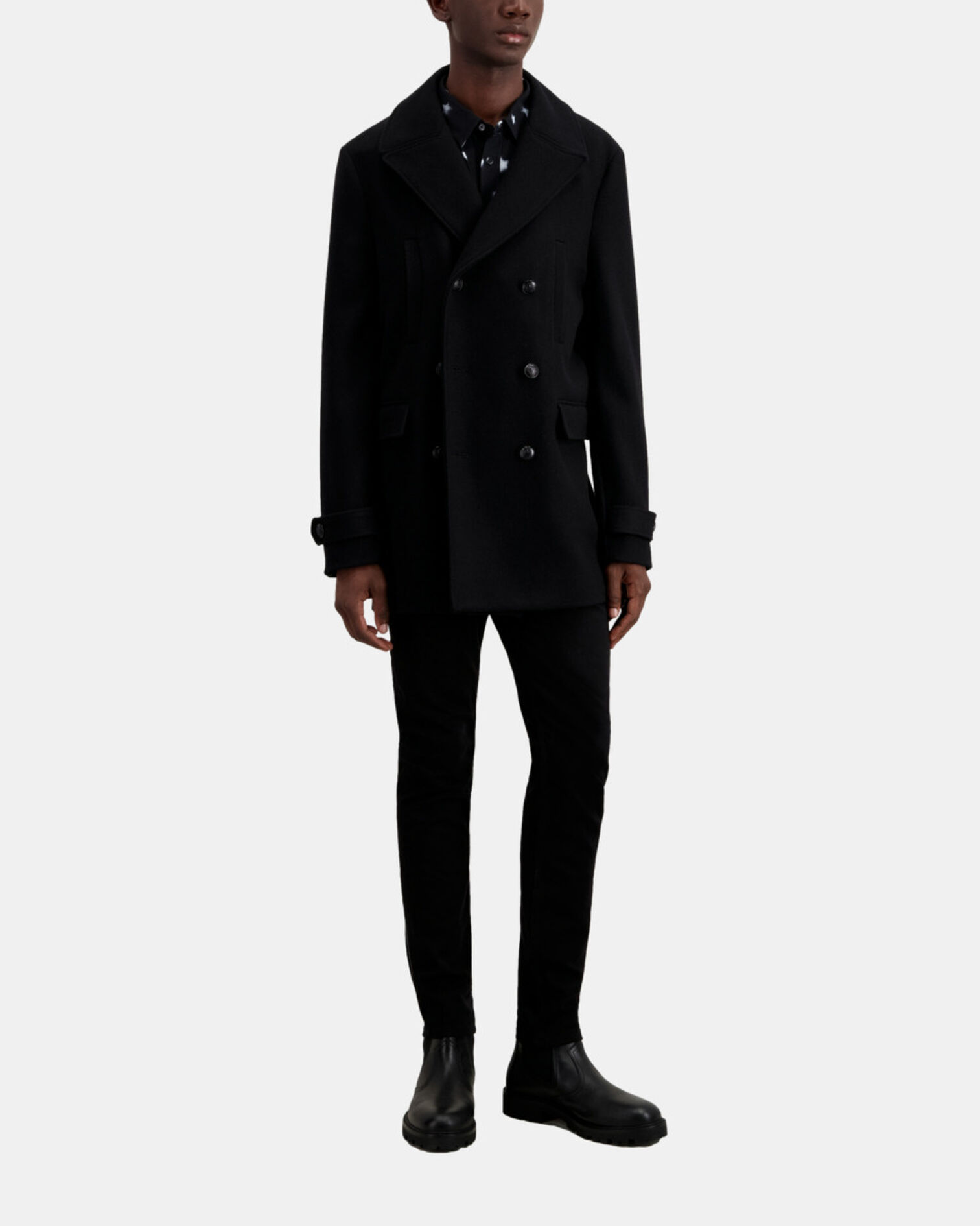 Wool-blend mid-length black pea coat, BLACK, hi-res image number null