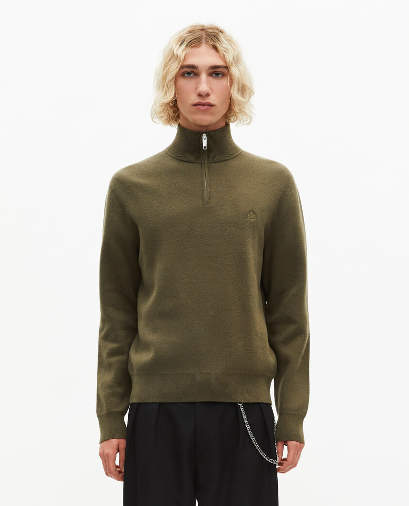 The Kooples H KAKI khaki double-sided wool crew neck sweater