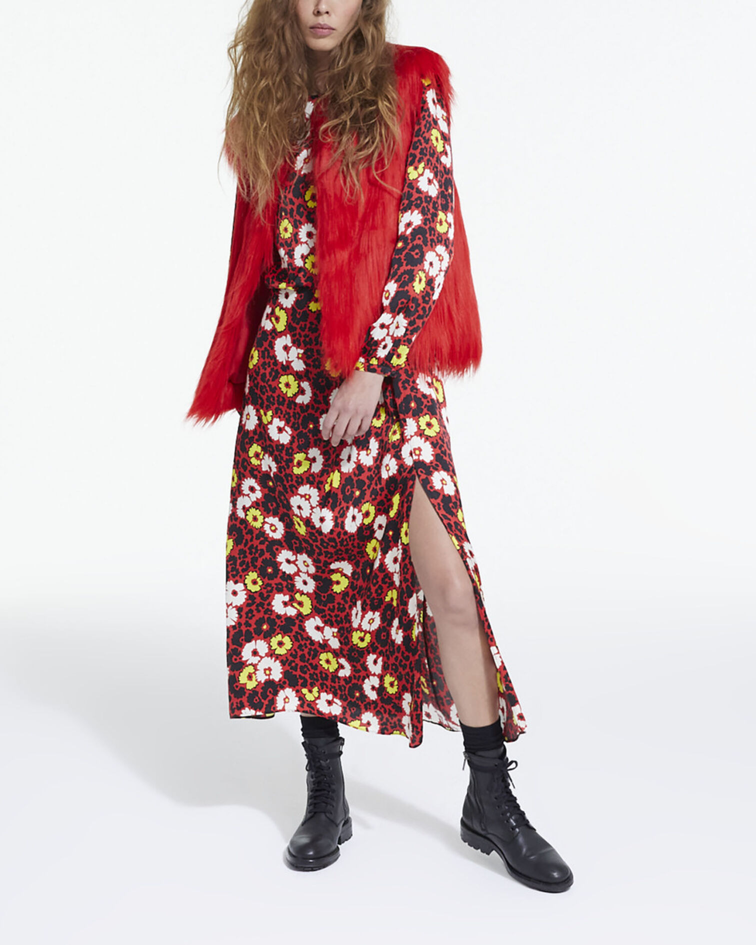 Red faux fur coat, DARK RED, hi-res image number null
