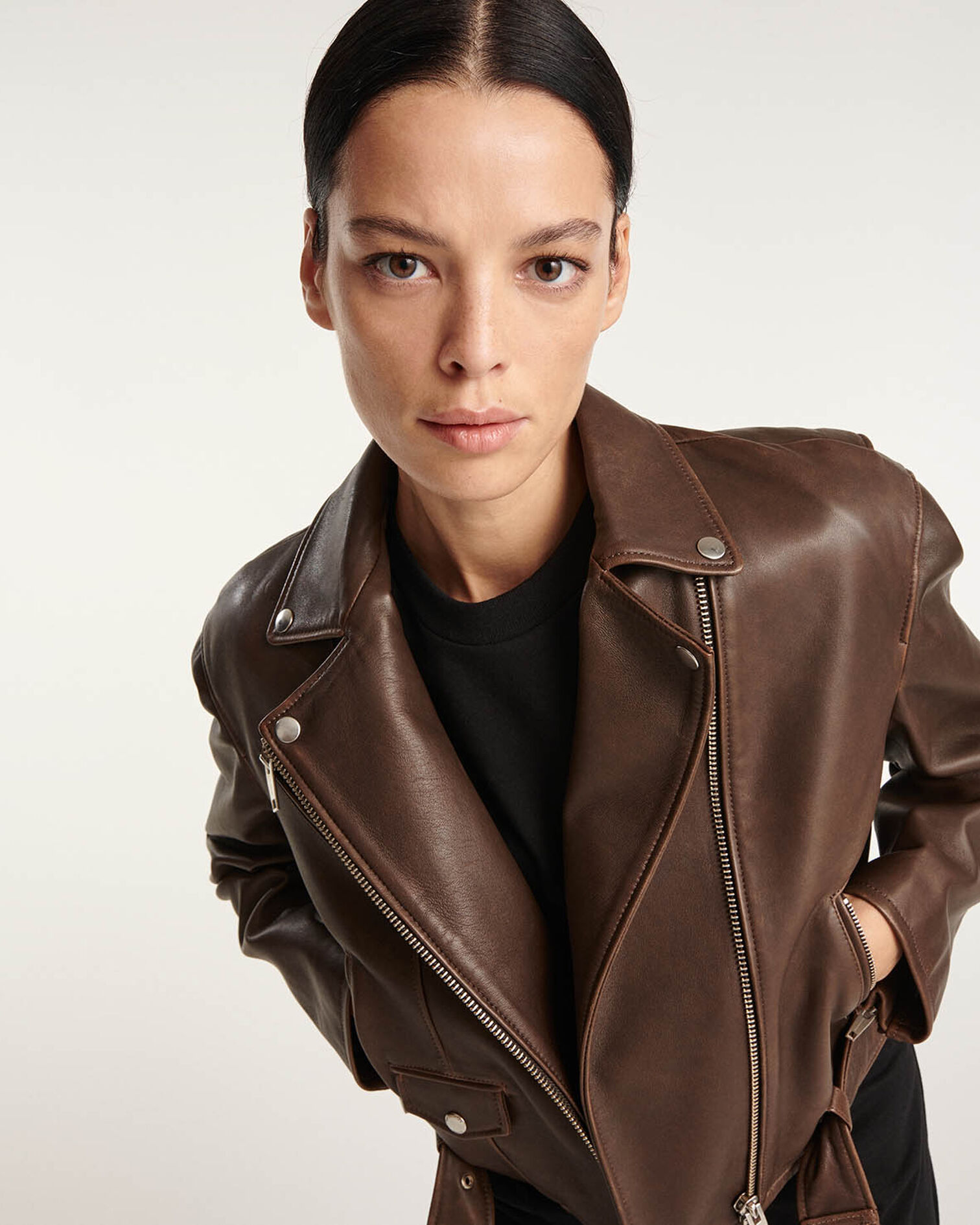 Zipped brown aged-effect leather jacket, BLACK VINTAGE, hi-res image number null