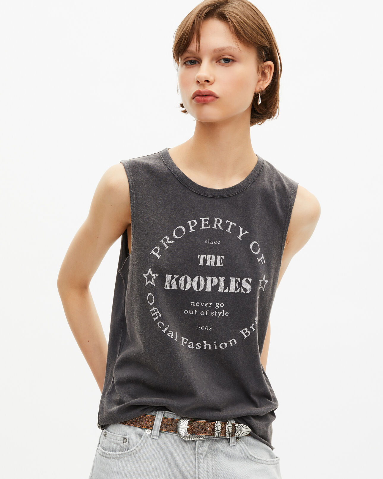 The Kooples DAMEN BLACK WASHED tanktop mit verwaschenem schwarzem siebdruck