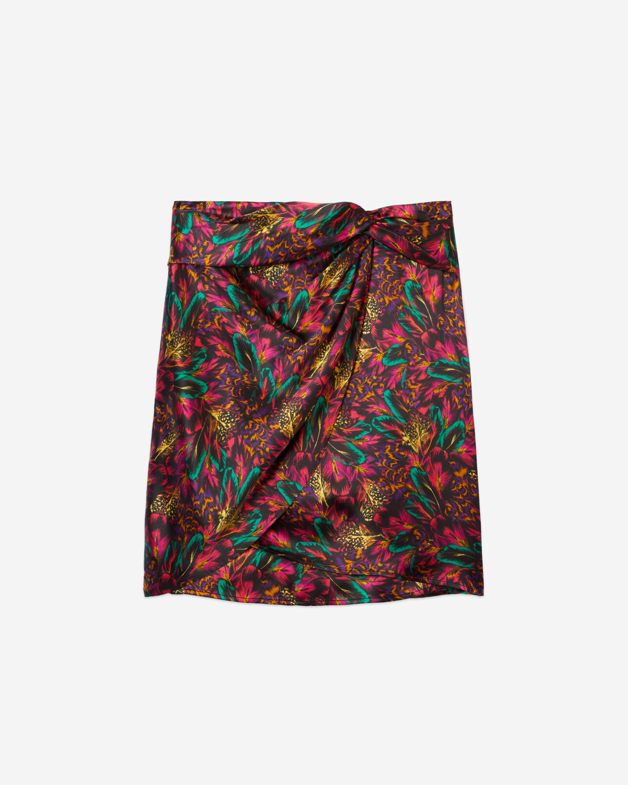 The Kooples WOMEN MULTICOLOR multicolor featherprint short silk skirt with draping