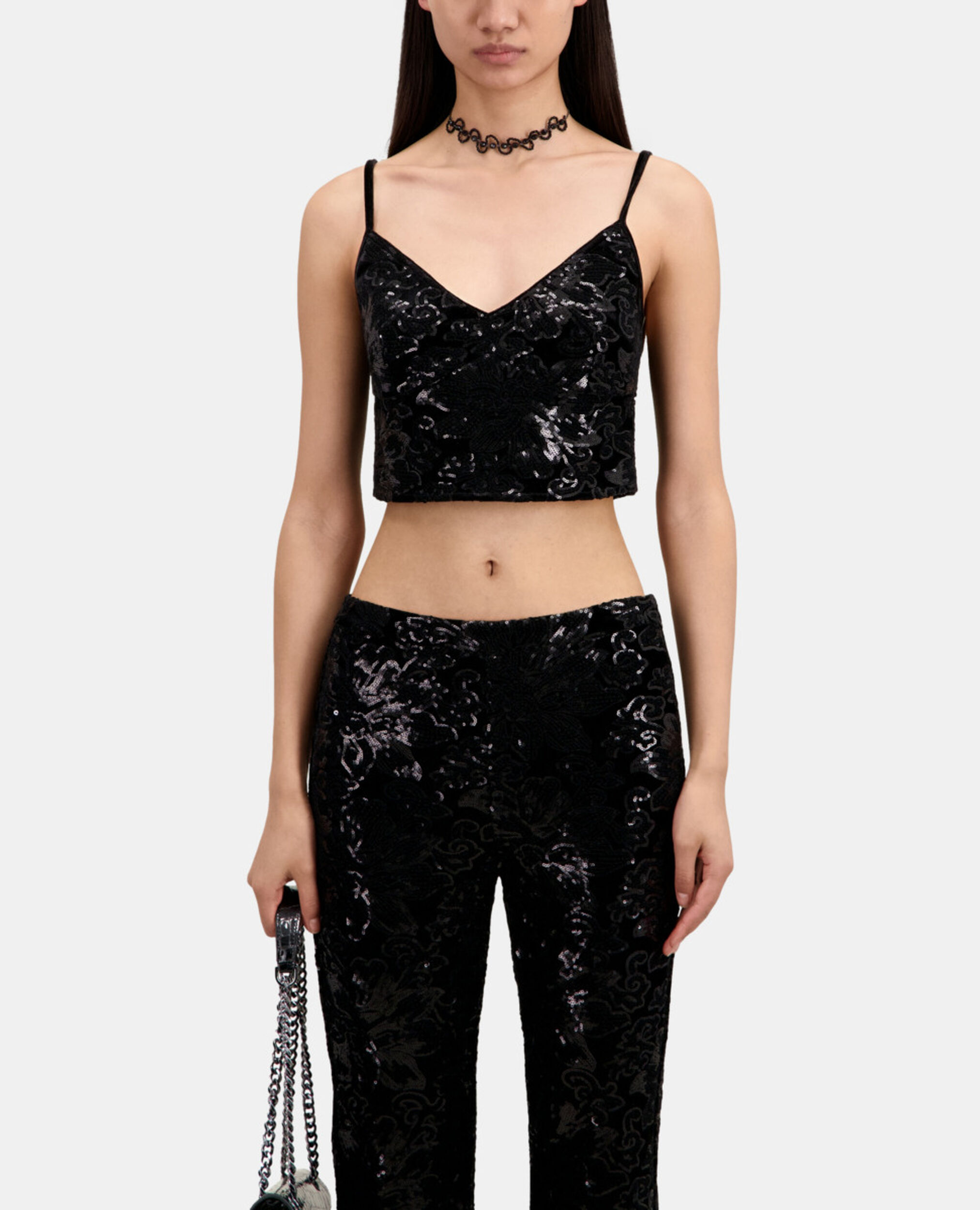 Schwarze Hose aus Samt mit Pailletten, BLACK, hi-res image number null