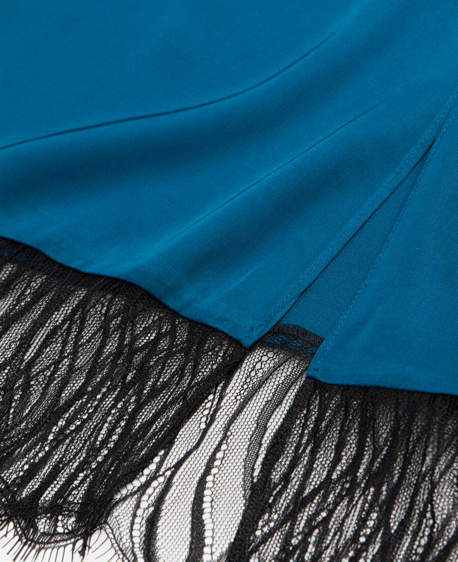 long blue slip dress with lace details