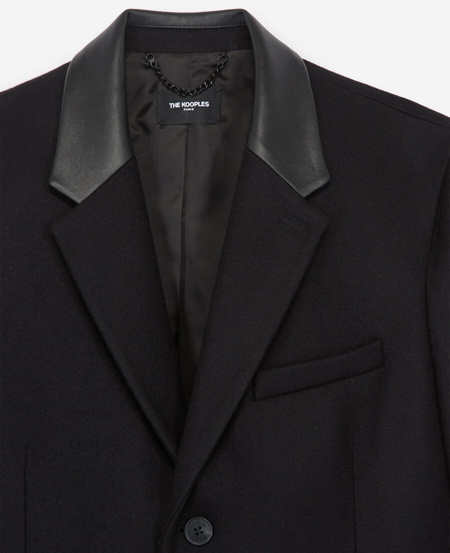Long black wool coat with leather lapel collar | The Kooples