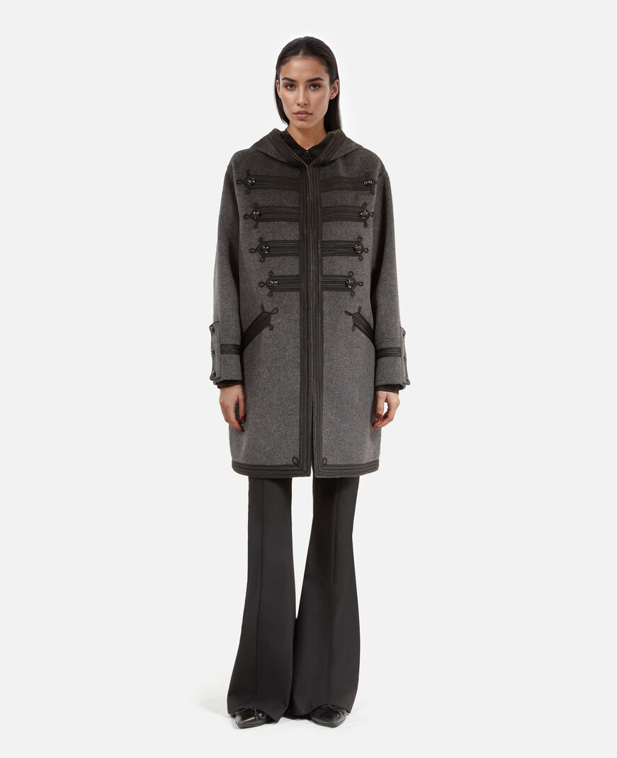 The Kooples F PETROL GREY long gray wool hooded pea coat