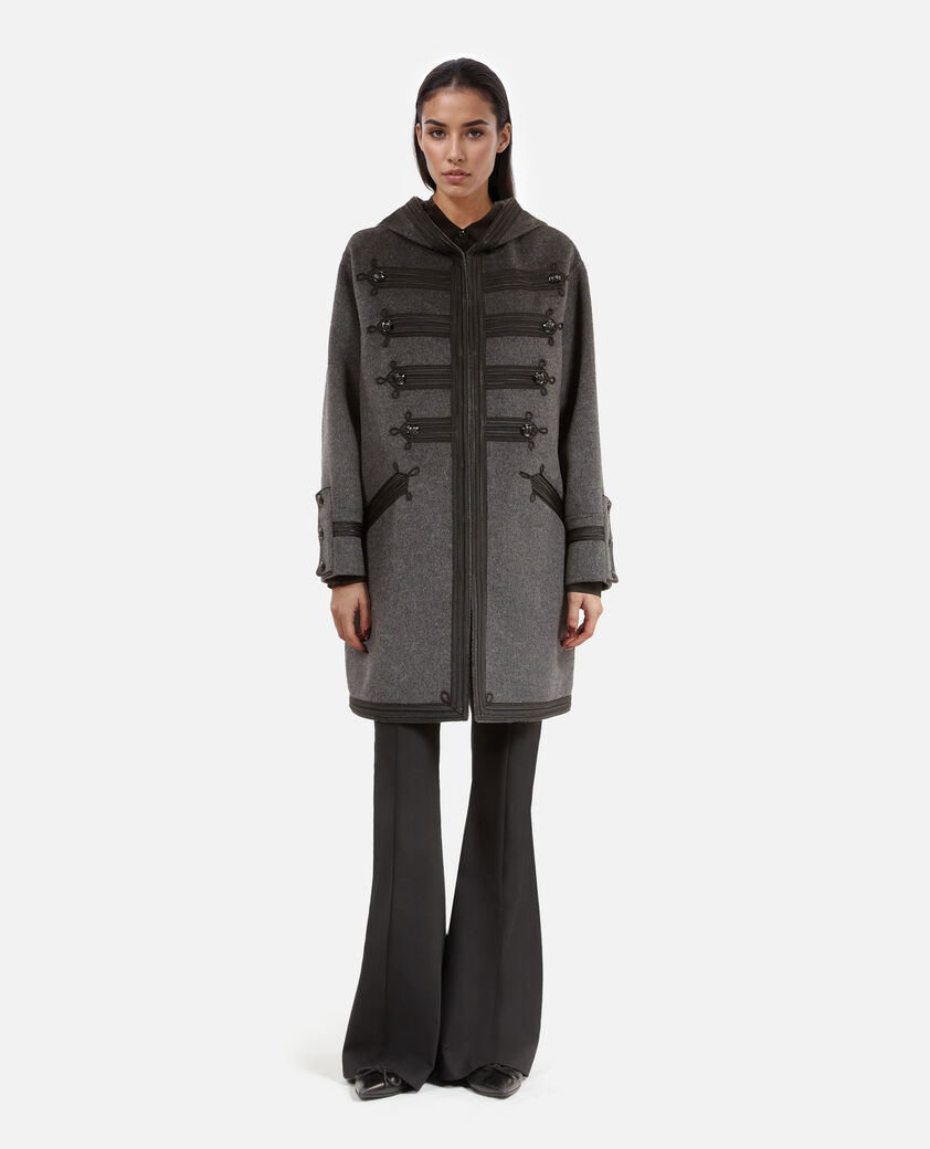 The Kooples DAMEN PETROL GREY langer grauer caban aus wolle mit kapuze