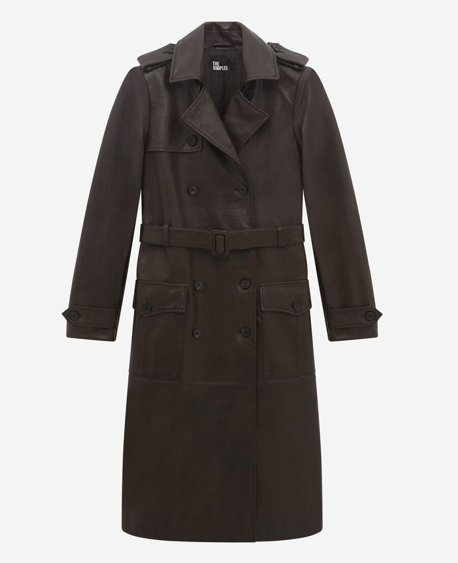 The Kooples WOMEN DARK BROWN MELANGE long brown leather trench coat