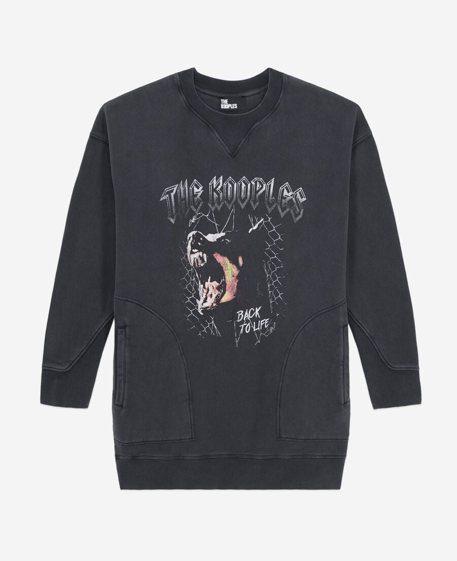 The Kooples FEMME BLACK WASHED robe femme type sweatshirt noire avec sérigraphie barking dog