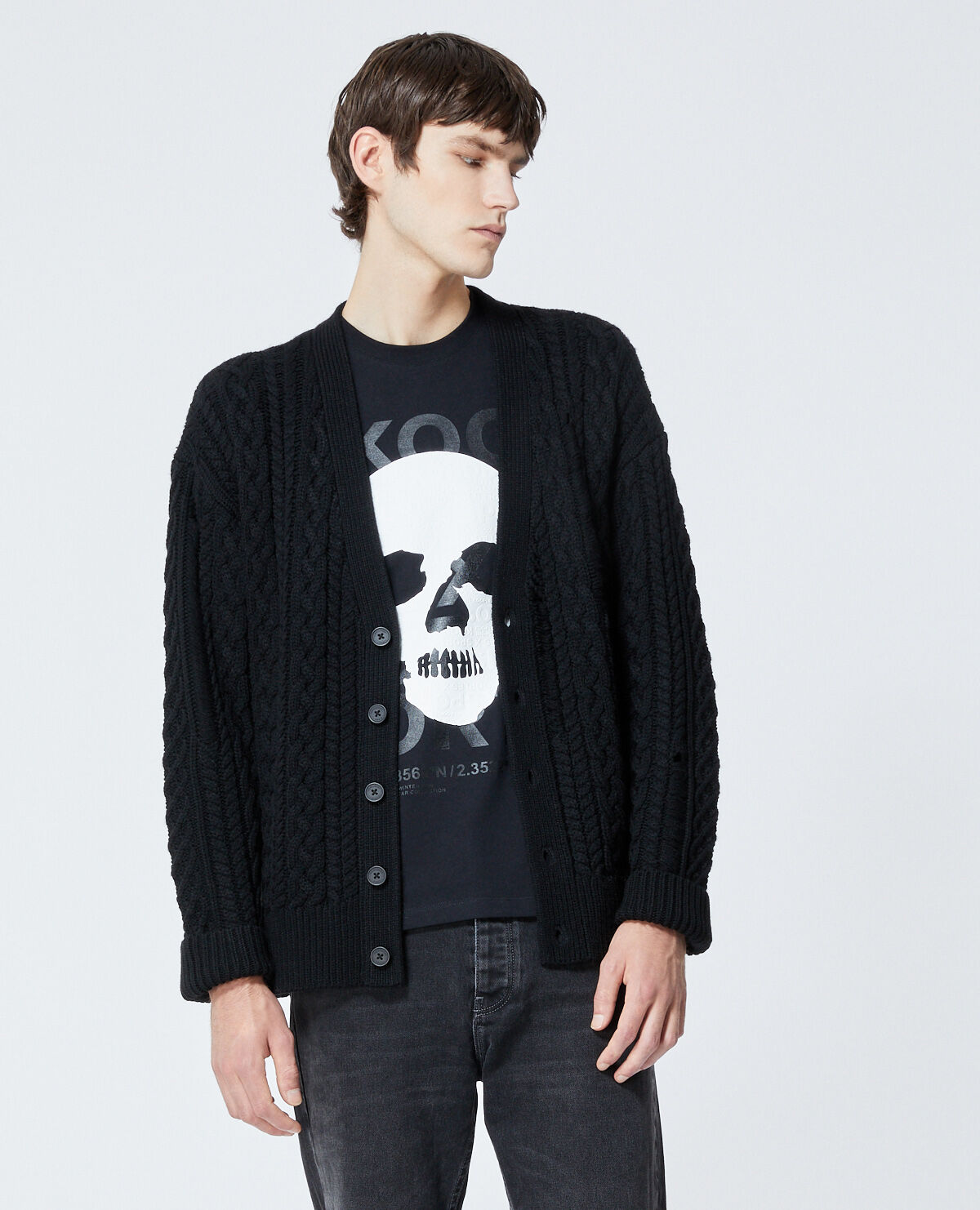 Black cardigan in wool with cable detail The Kooples UK