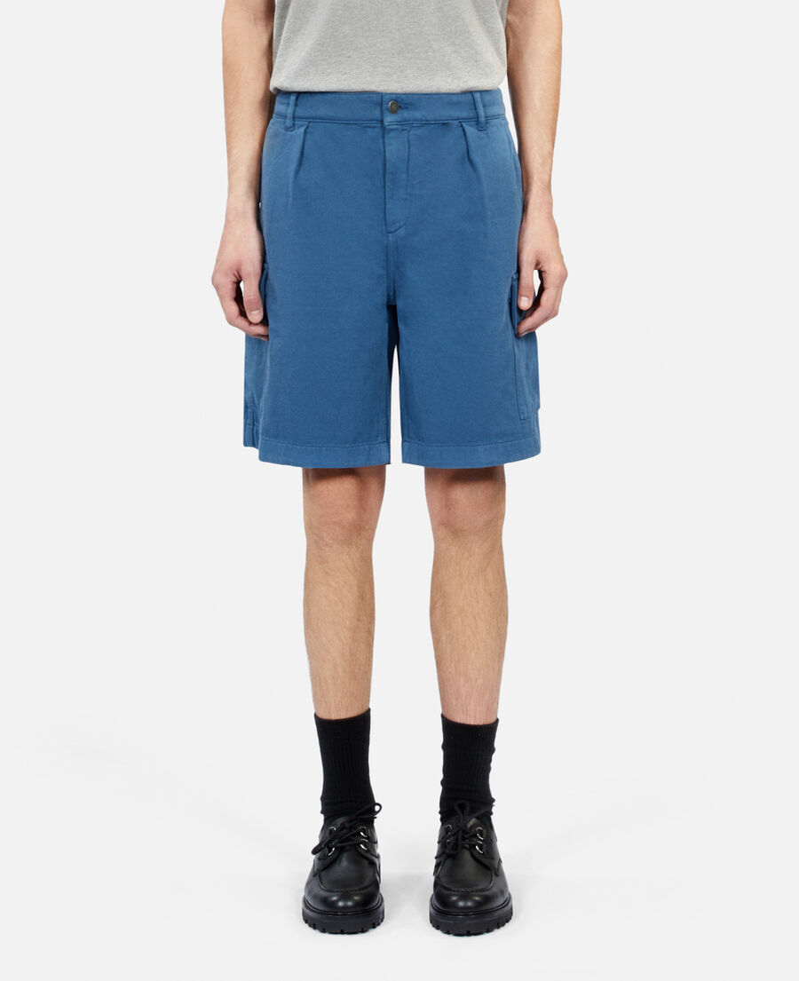 blue cotton and linen cargo shorts