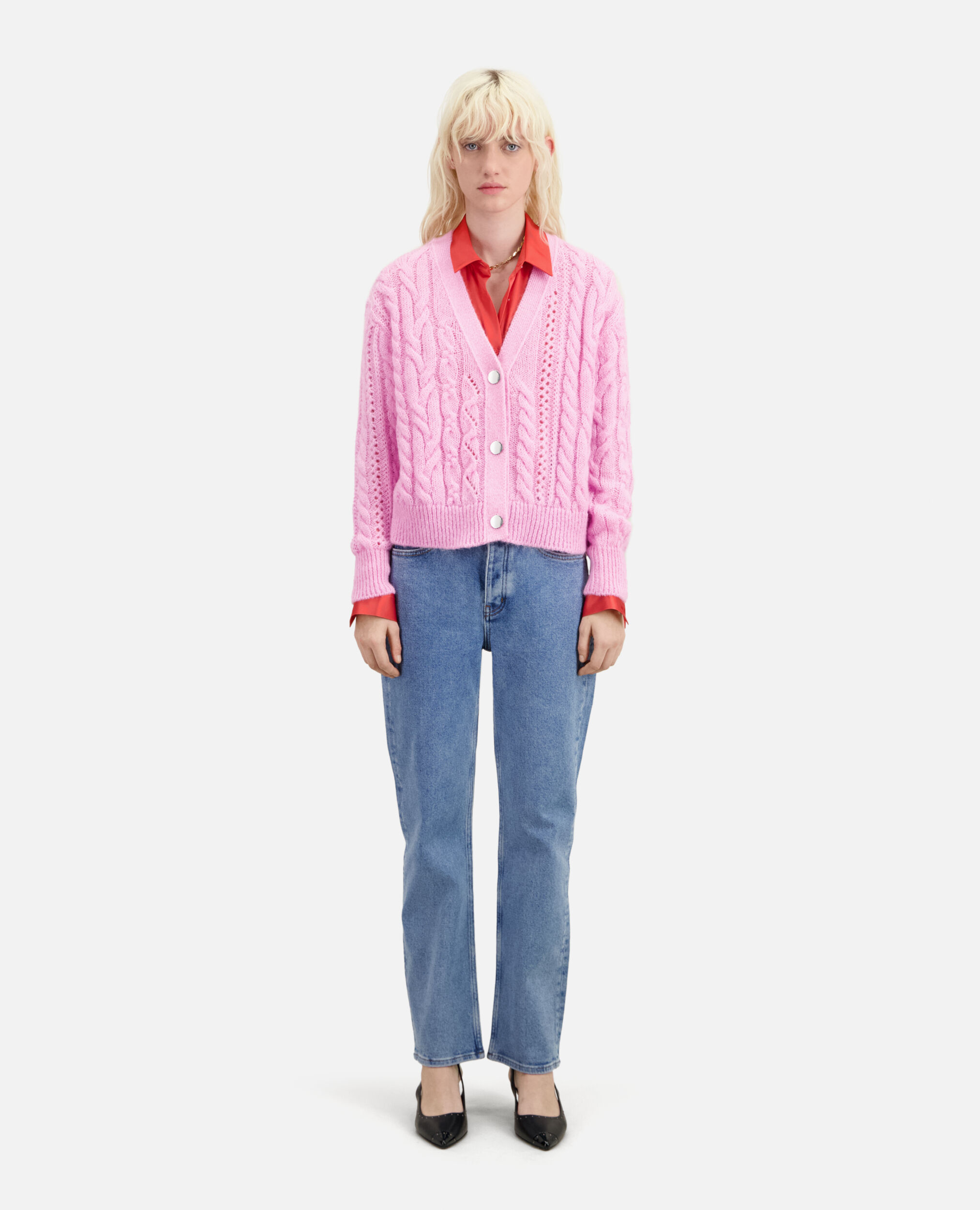 Rosa Cardigan aus Wolle mit Zopfmuster, PINK, hi-res image number null