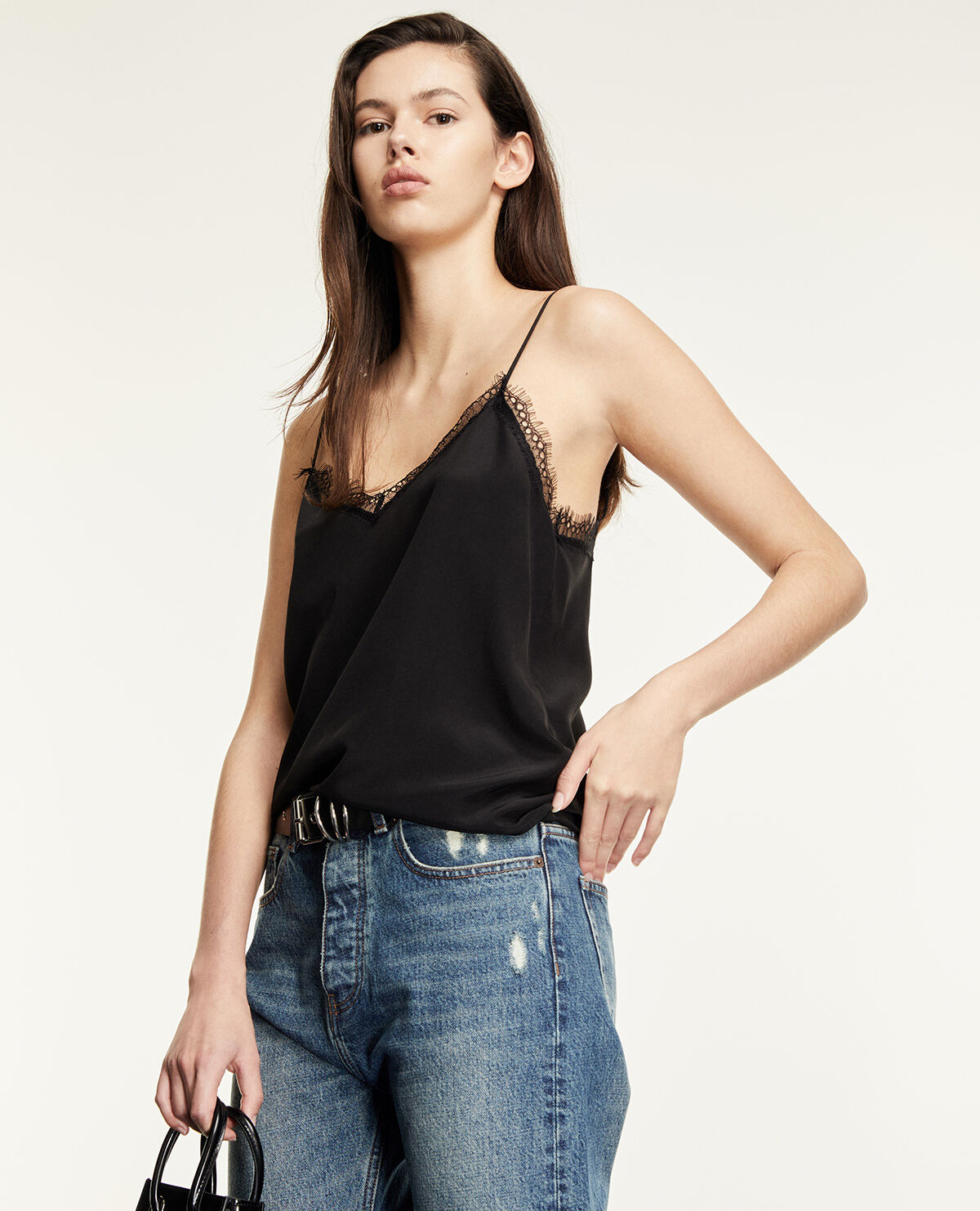 Black silk camisole with lace detail