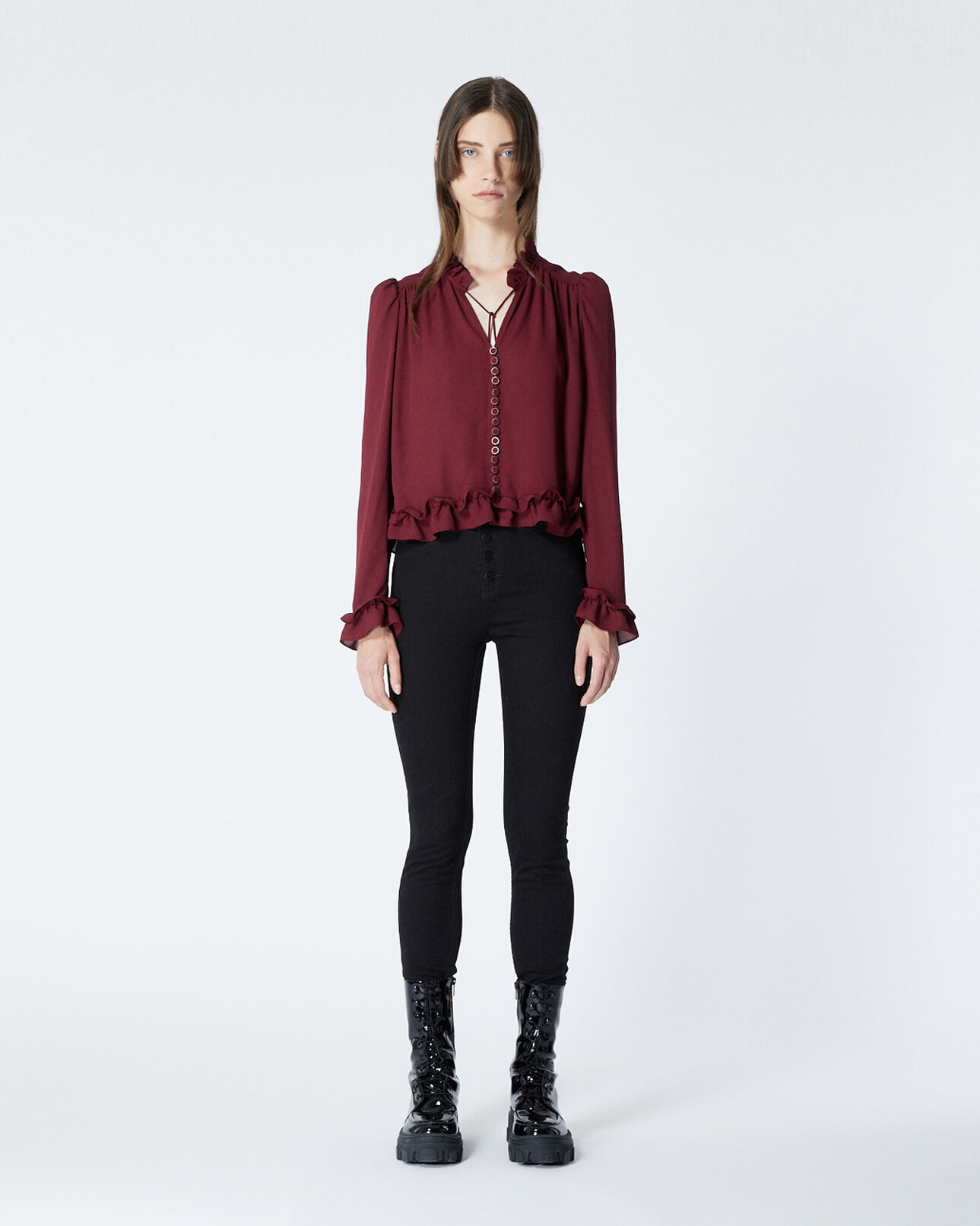The Kooples DAMEN BURGUNDY fließendes bordeauxrotes hemd mit volants