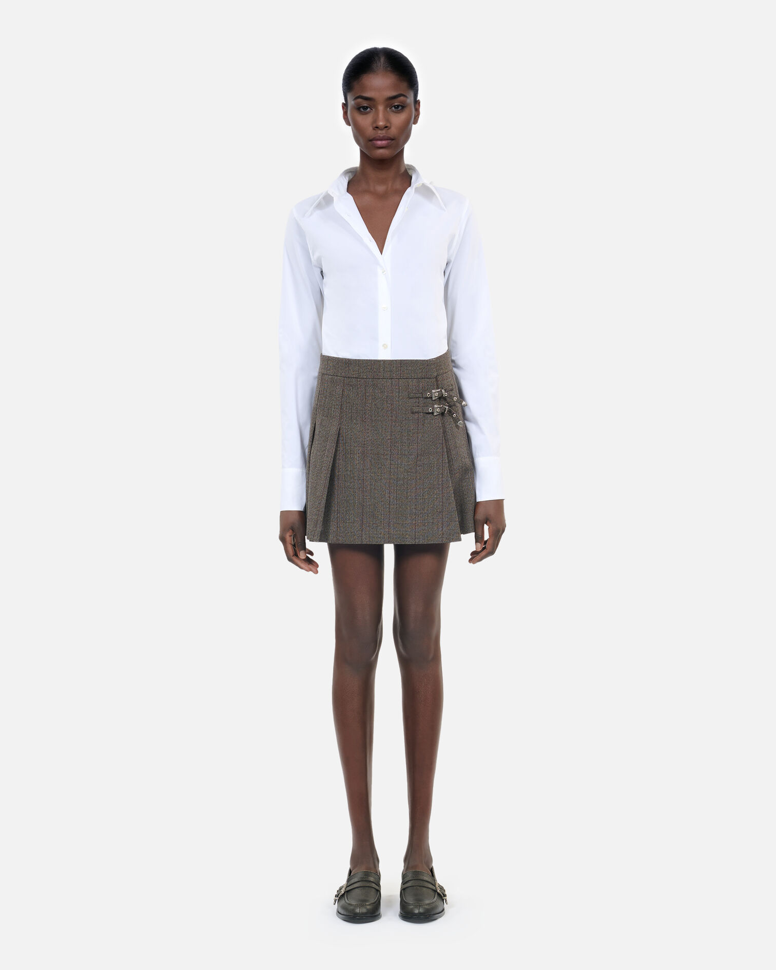 Short Prince of Wales skirt in brown wool, BROWN, hi-res image number null