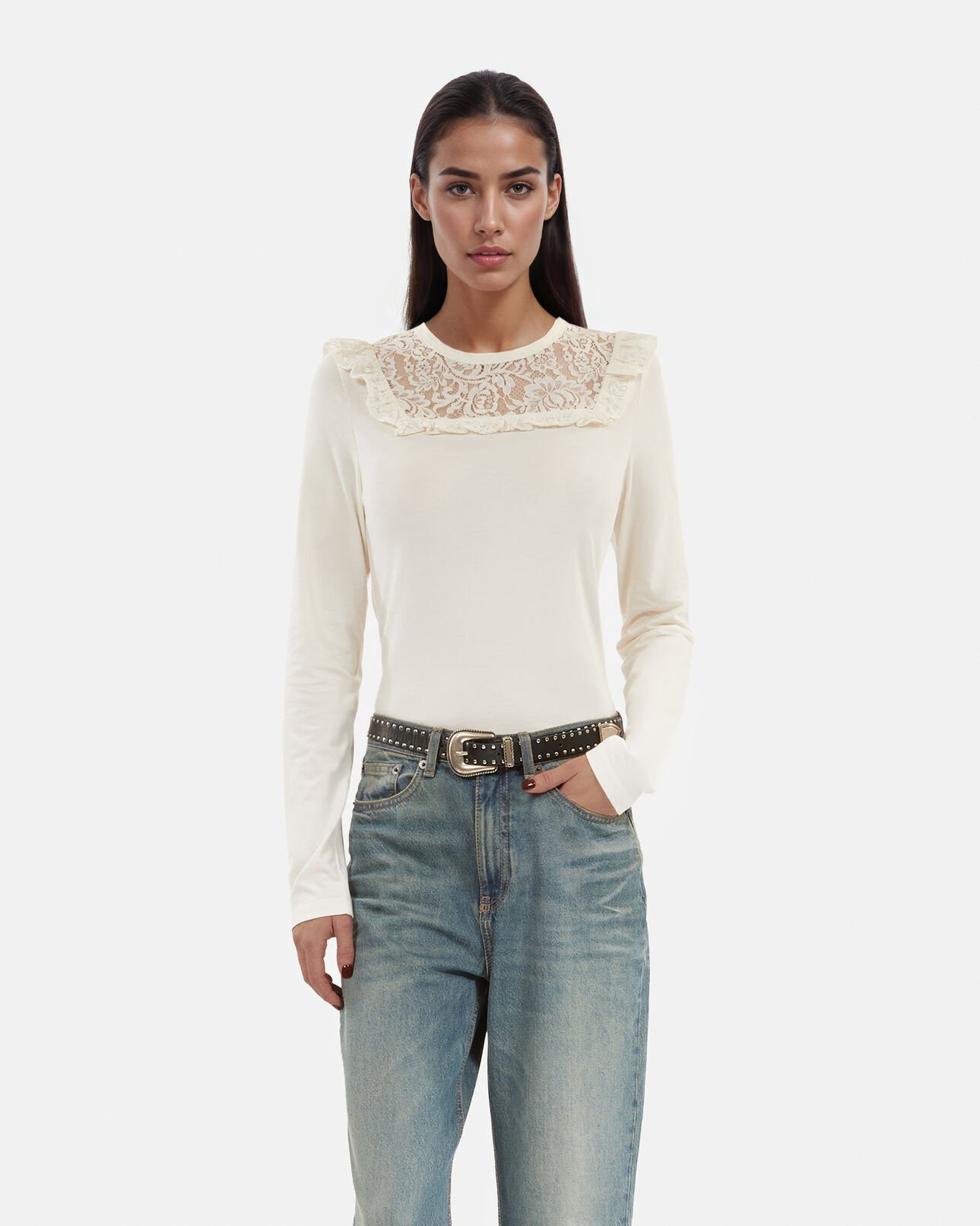The Kooples WOMEN WHITE white long-sleeved lace t-shirt