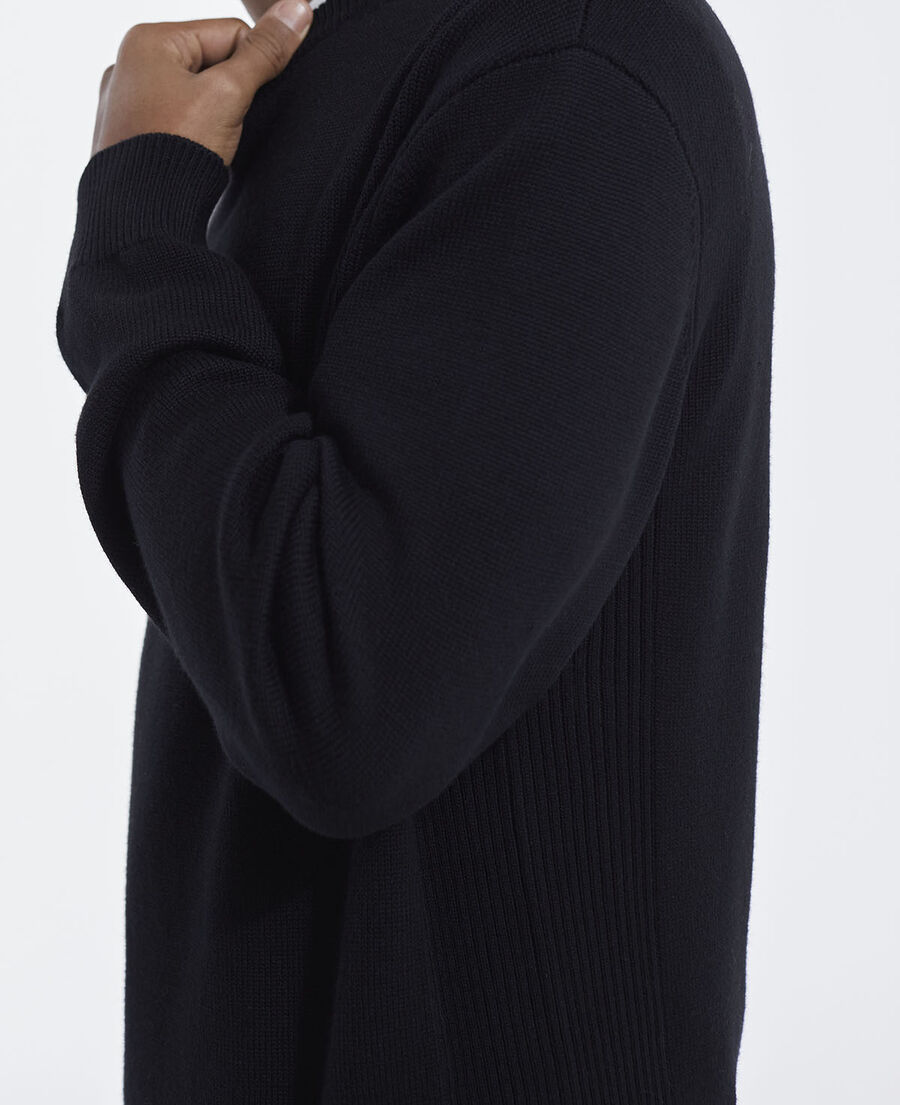 black knit sweater with triple band crew neck