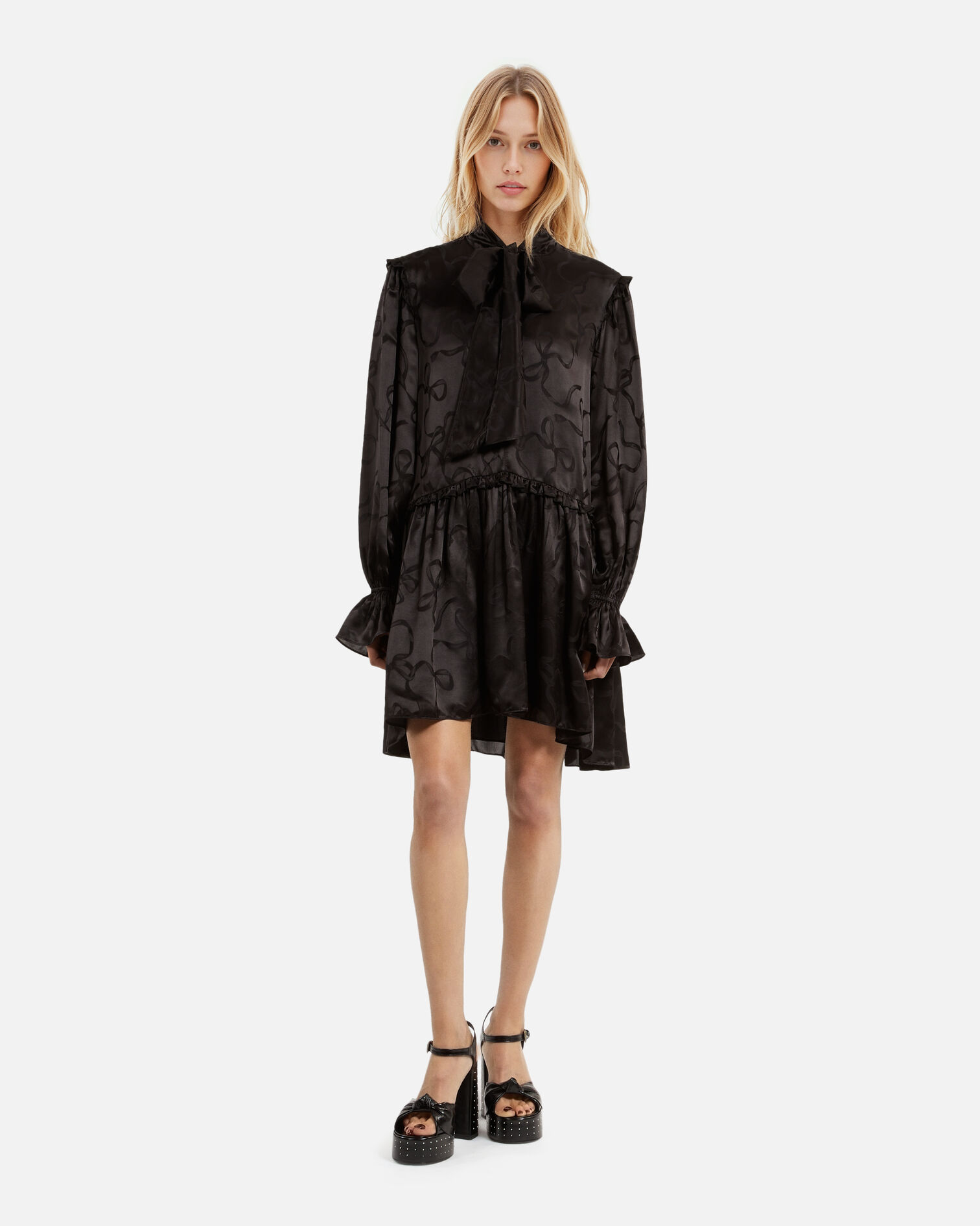 Robe courte jacquard imprimé rubans, BLACK, hi-res image number null
