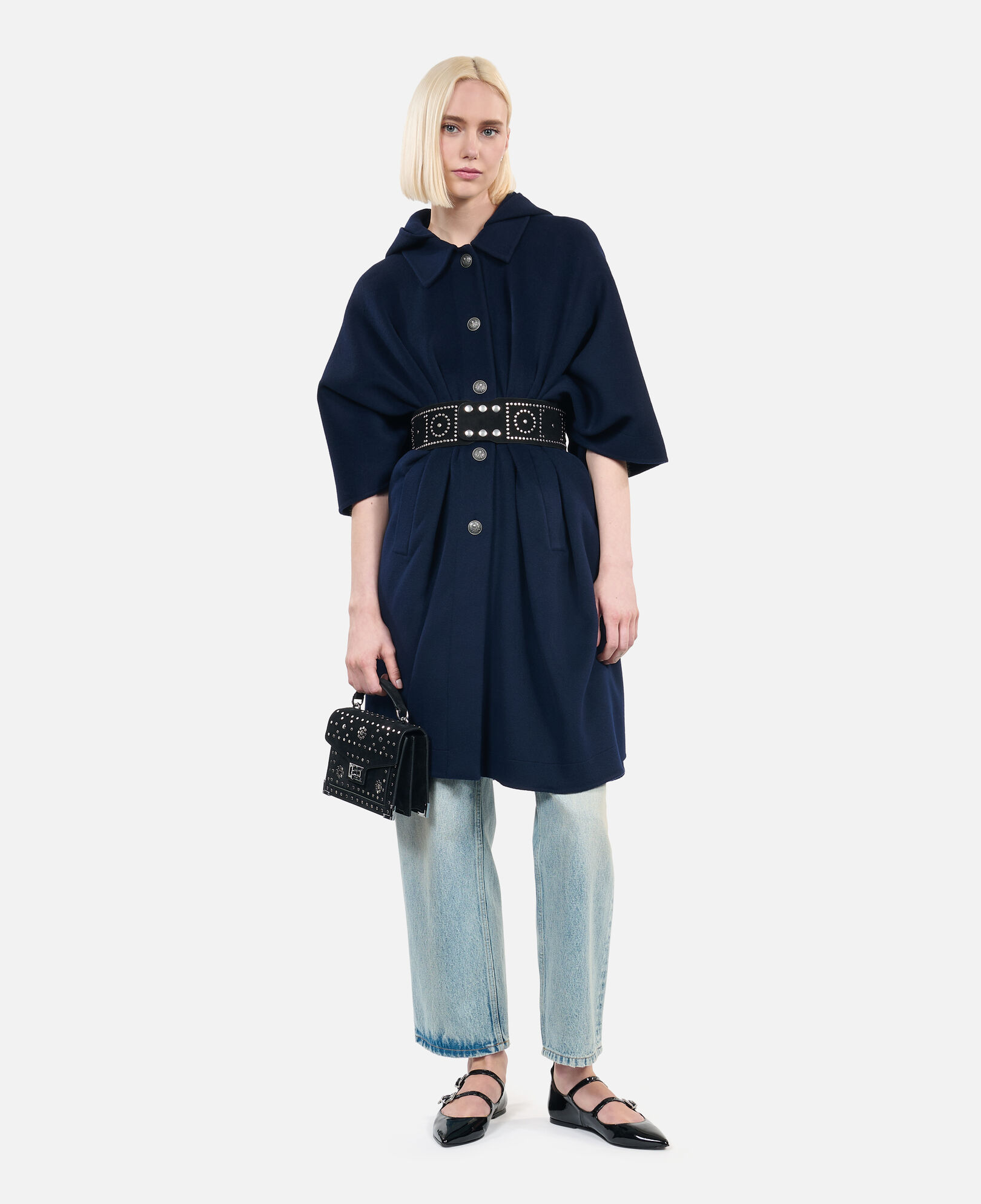 The Kooples FEMME NAVY cape longue à capuche en laine mélangée bleu marine