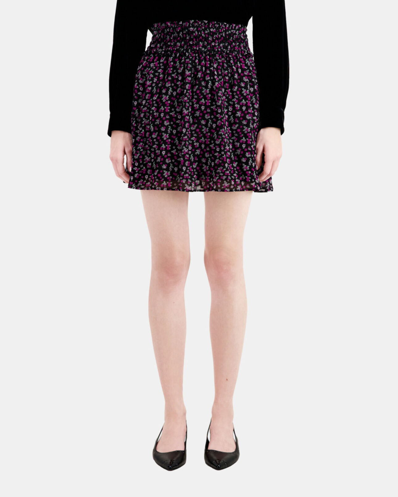 The Kooples WOMEN BLACK / PINK short printed skirt with smocking
