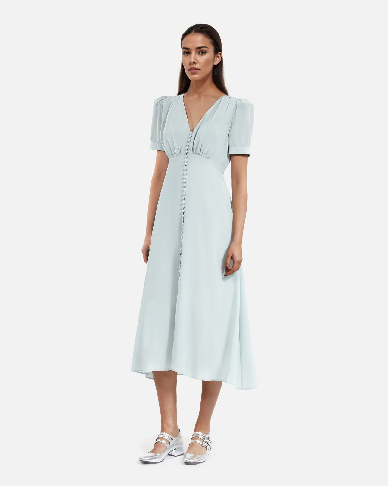 The Kooples FEMME BLUE/GREEN robe longue avec boutonnage en soie bleue