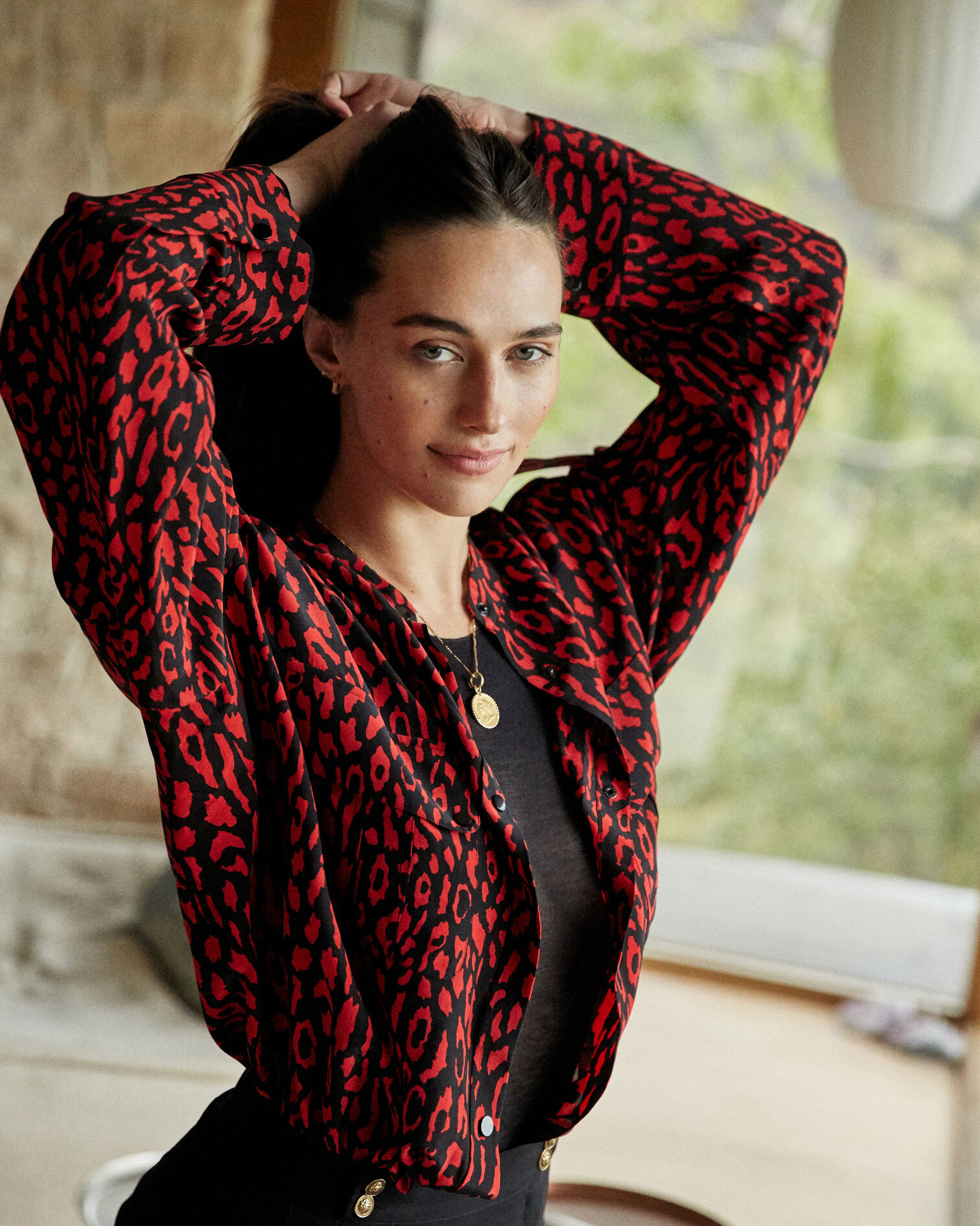 Oversized silk shirt with red leopard print, BLACK - RED, hi-res image number null