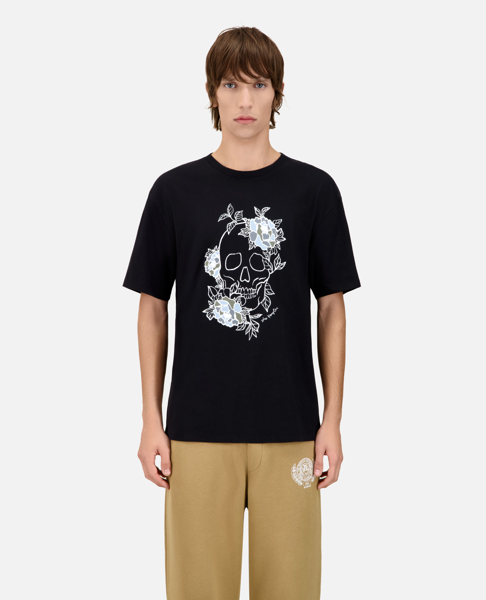 Men's black t-shirt with Flower skull serigraphy, BLACK WASHED, hi-res image number null