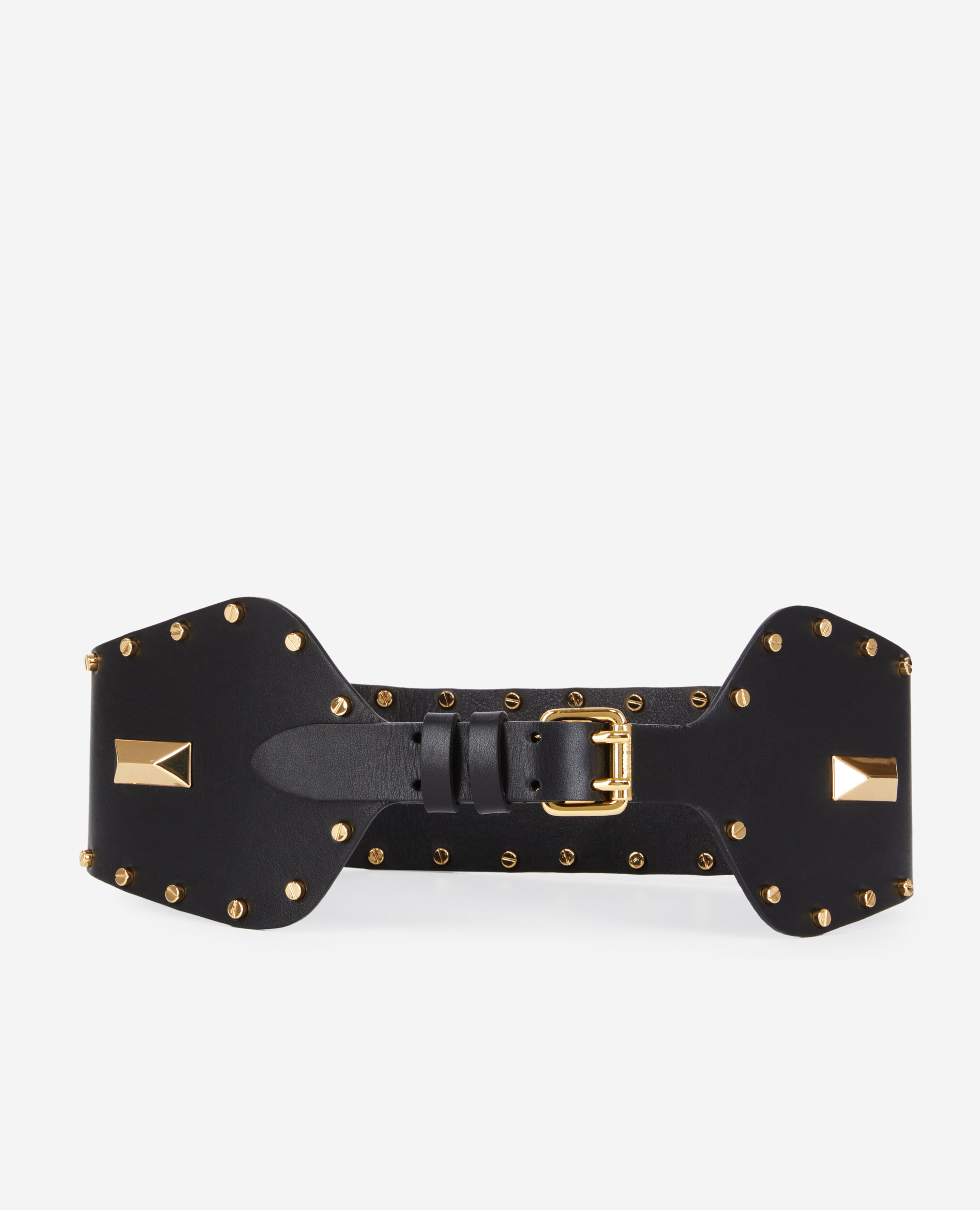 Wide black leather belt with studs and metallic inserts, BLACK, hi-res image number null