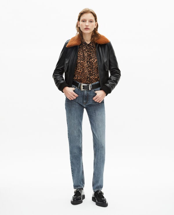 Women's Short black smooth leather jacket with sherpa collar The