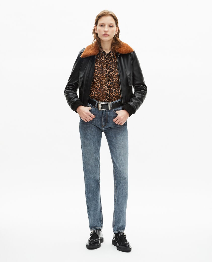 The Kooples FEMME BLACK blouson court en cuir lisse col sherpa noir