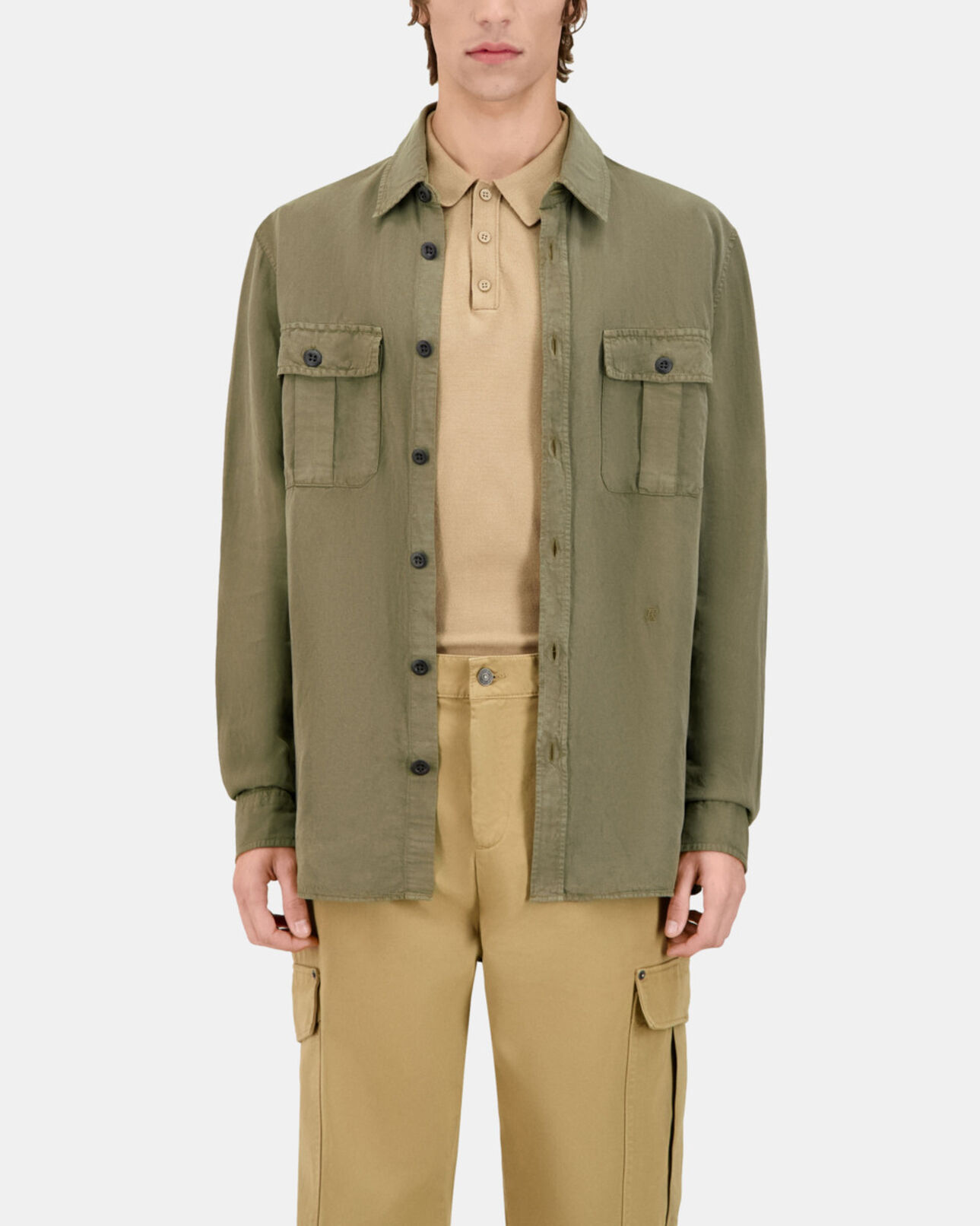 The Kooples MEN KAKI khaki lyocell and linen shirt