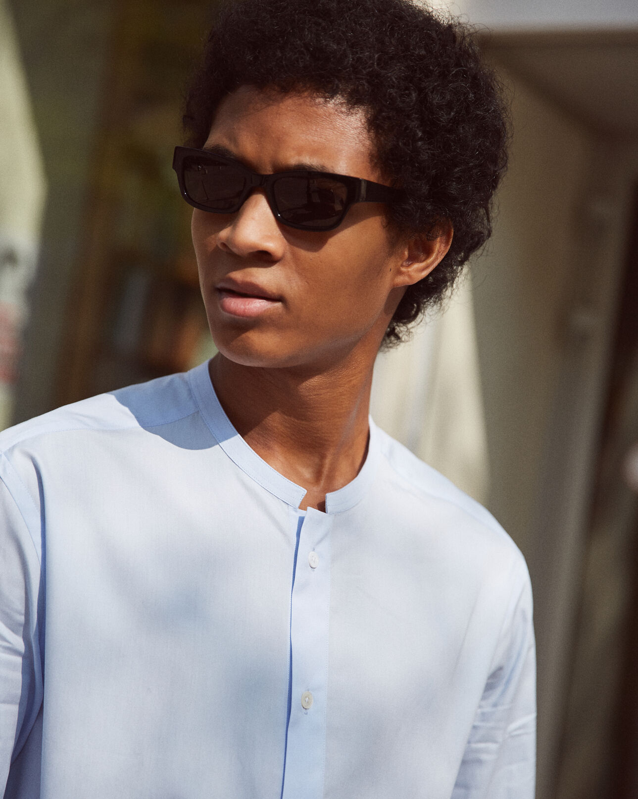 The Kooples MEN SKY collarless, wide-fitting, sky blue cotton shirt