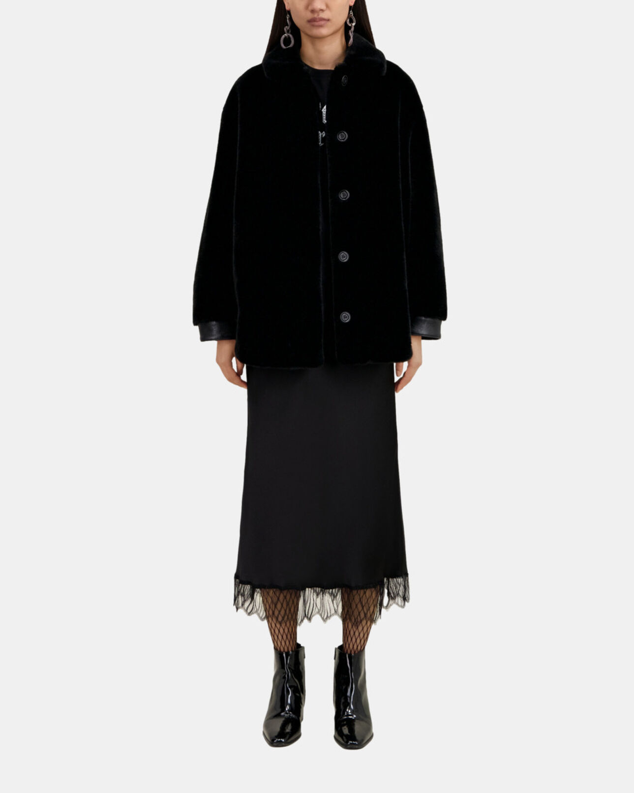 The Kooples FEMME BLACK blouson noir style surchemise imitation fourrure