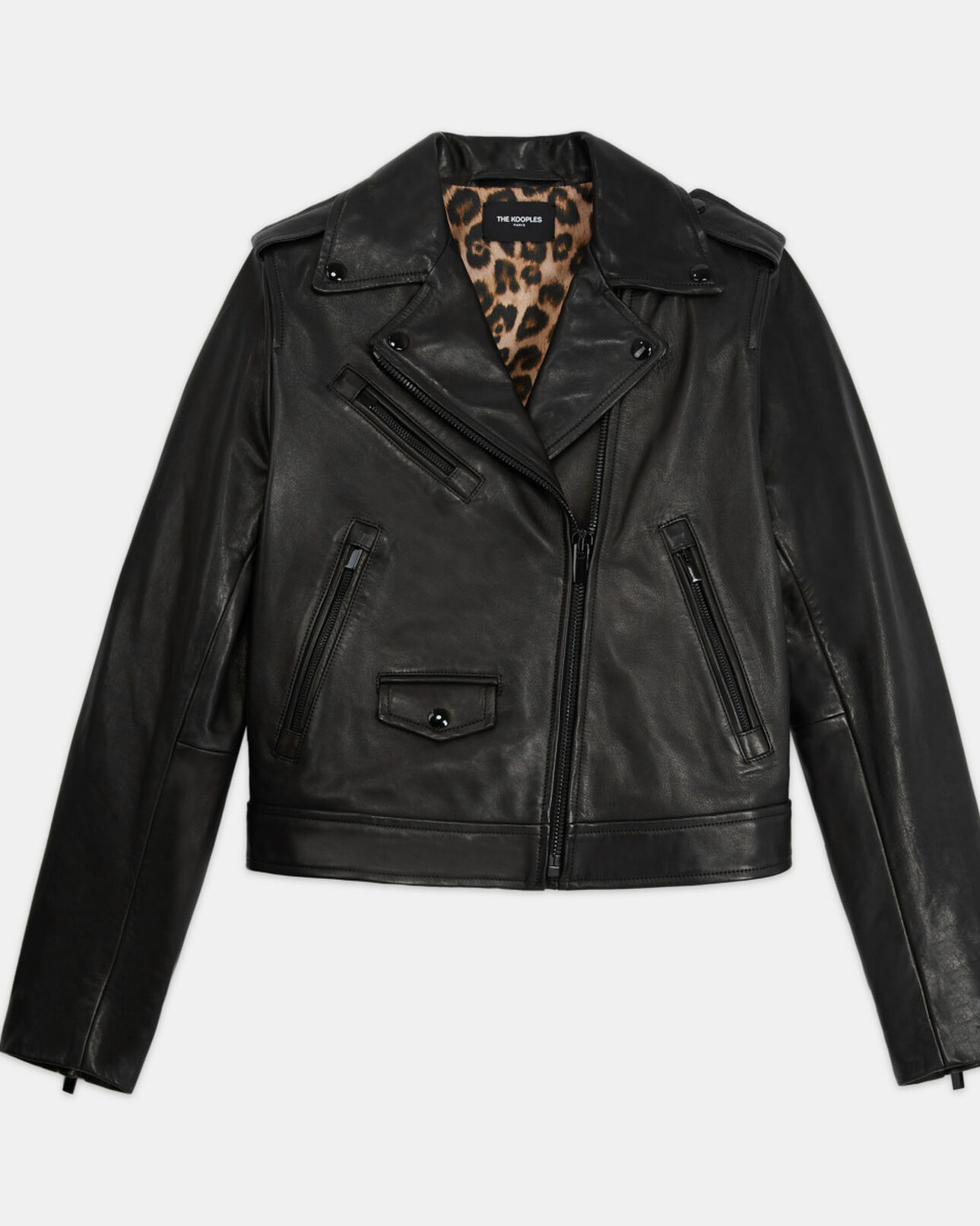 The Kooples FEMME BLACK blouson en cuir noir doublure léopard