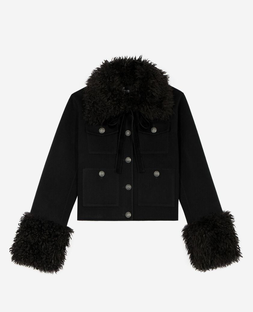 The Kooples WOMEN BLACK short black wool jacket with sherpa collar