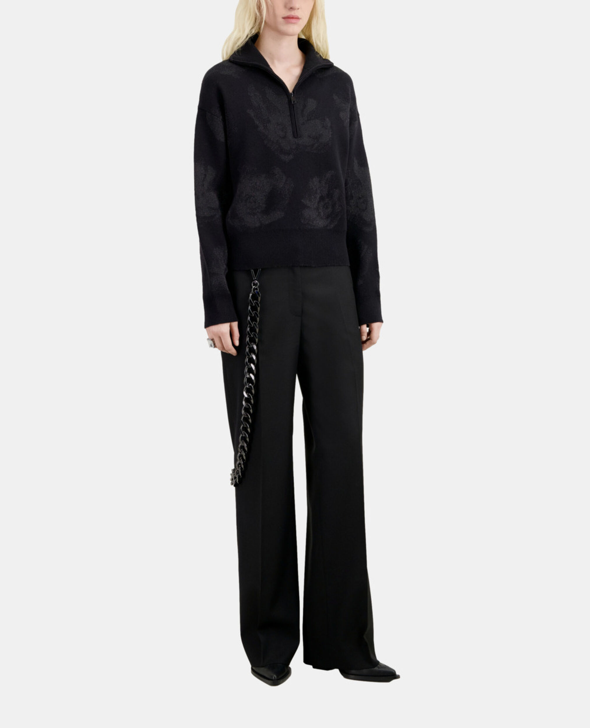 Black wool-blend sweater with silver details, BLACK/BLACK, hi-res image number null